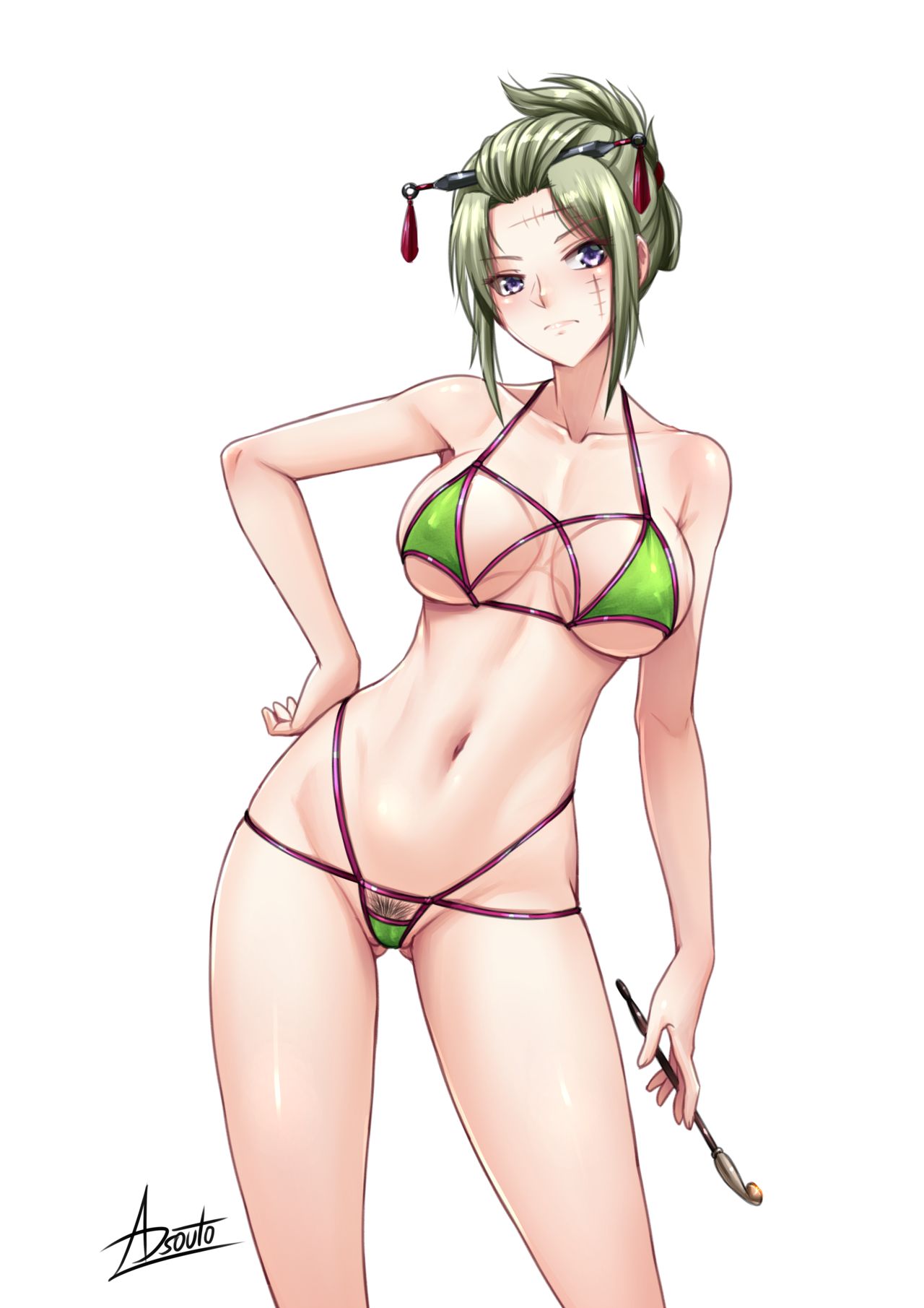 adsouto alternate_version_available bikini blonde_hair cameltoe cleavage facial_scar female female_only frown gintama green_bikini hair_ornament hand_on_hip kiseru looking_at_viewer medium_breasts nipple_bulge pipe pubic_hair pubic_hair_peek purple_eyes revealing_clothes scar shaved_pussy skimpy_clothes smoking solo swimsuit tied_hair tsukuyo white_background