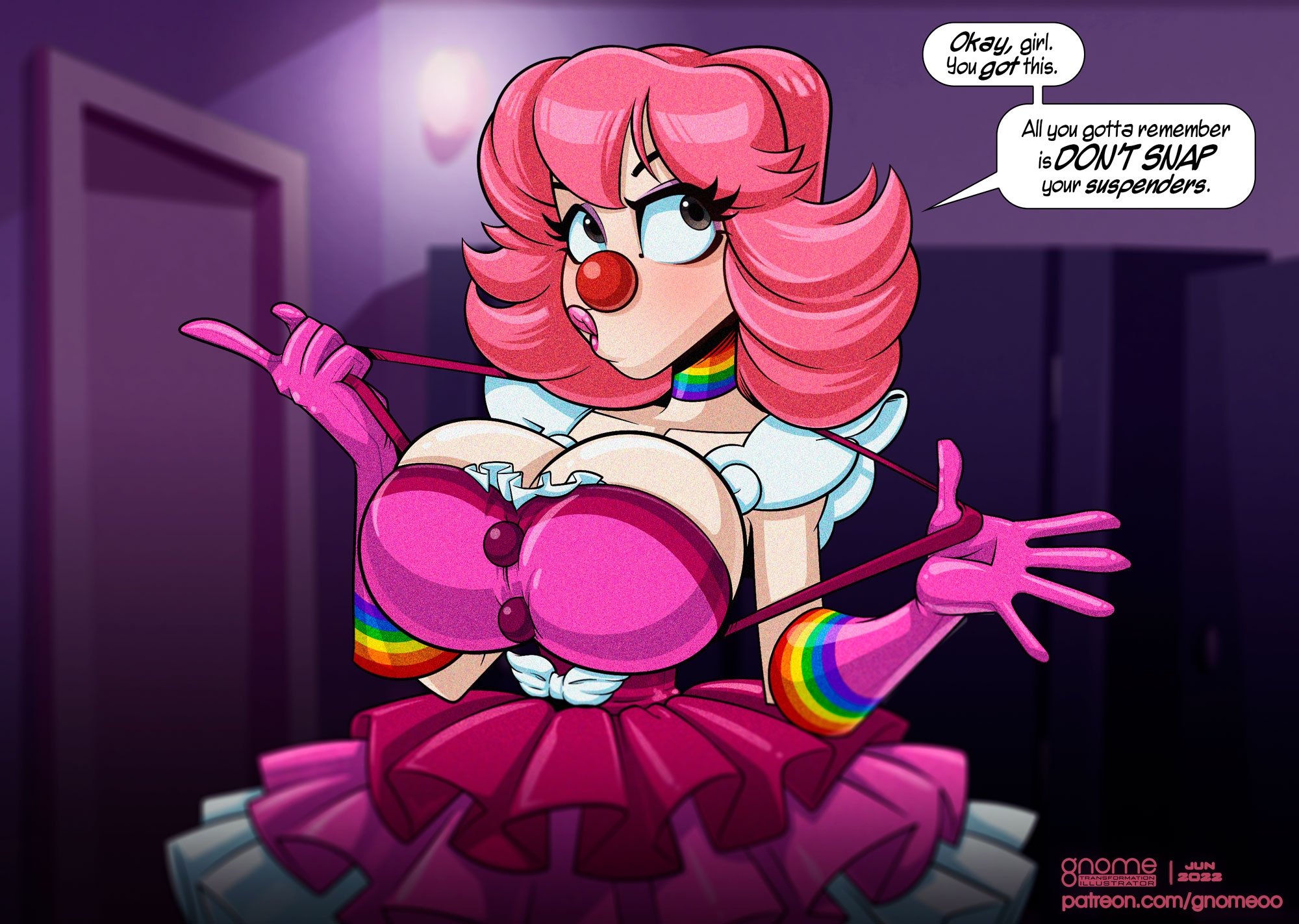 1girls, big breasts, breasts, busty, capcom, cleavage, clown, clown girl, clown makeup, clown nose, clussy, eyebrows, eyelashes, eyes, female, female only, geiru toneido, gloves, gnomeoo, gyakuten saiban, legs, light skin, light-skinned female, lips, pink hair, solo, solo female, thick, thick legs, thick thighs, thighs, voluptuous, wide hips