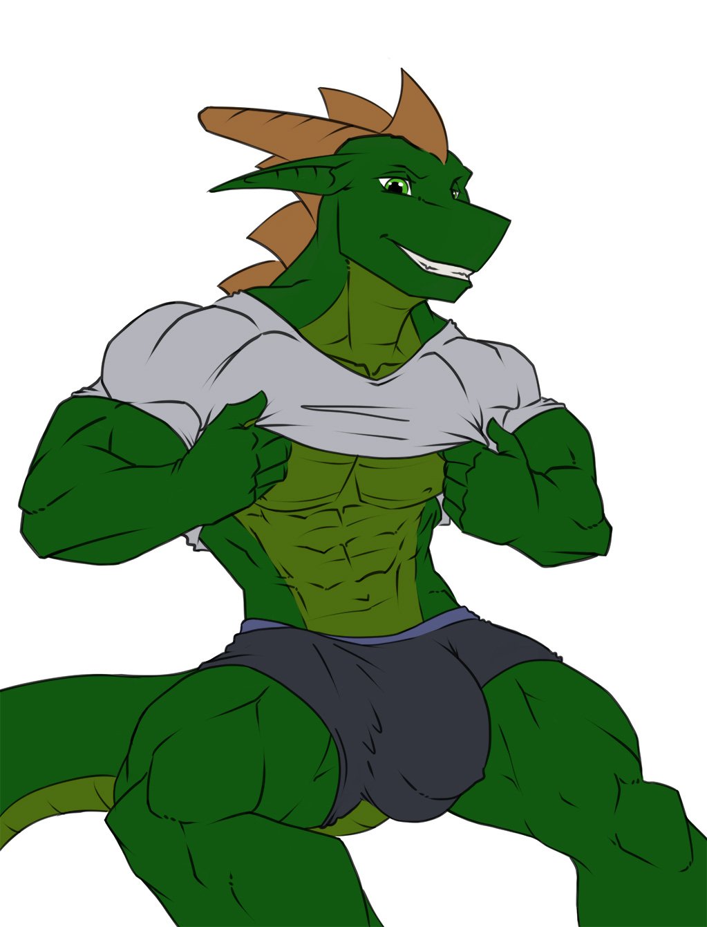 abs anthro back_spikes biceps big_bulge big_muscles bulge clothed clothing clothing_lift genital_outline hi_res lizard male male_only muscular muscular_male penis_outline reptile saruuk scalie shirt smile solo spikes spikes_(anatomy) t-shirt tight_clothing tight_shirt tight_topwear topwear underwear