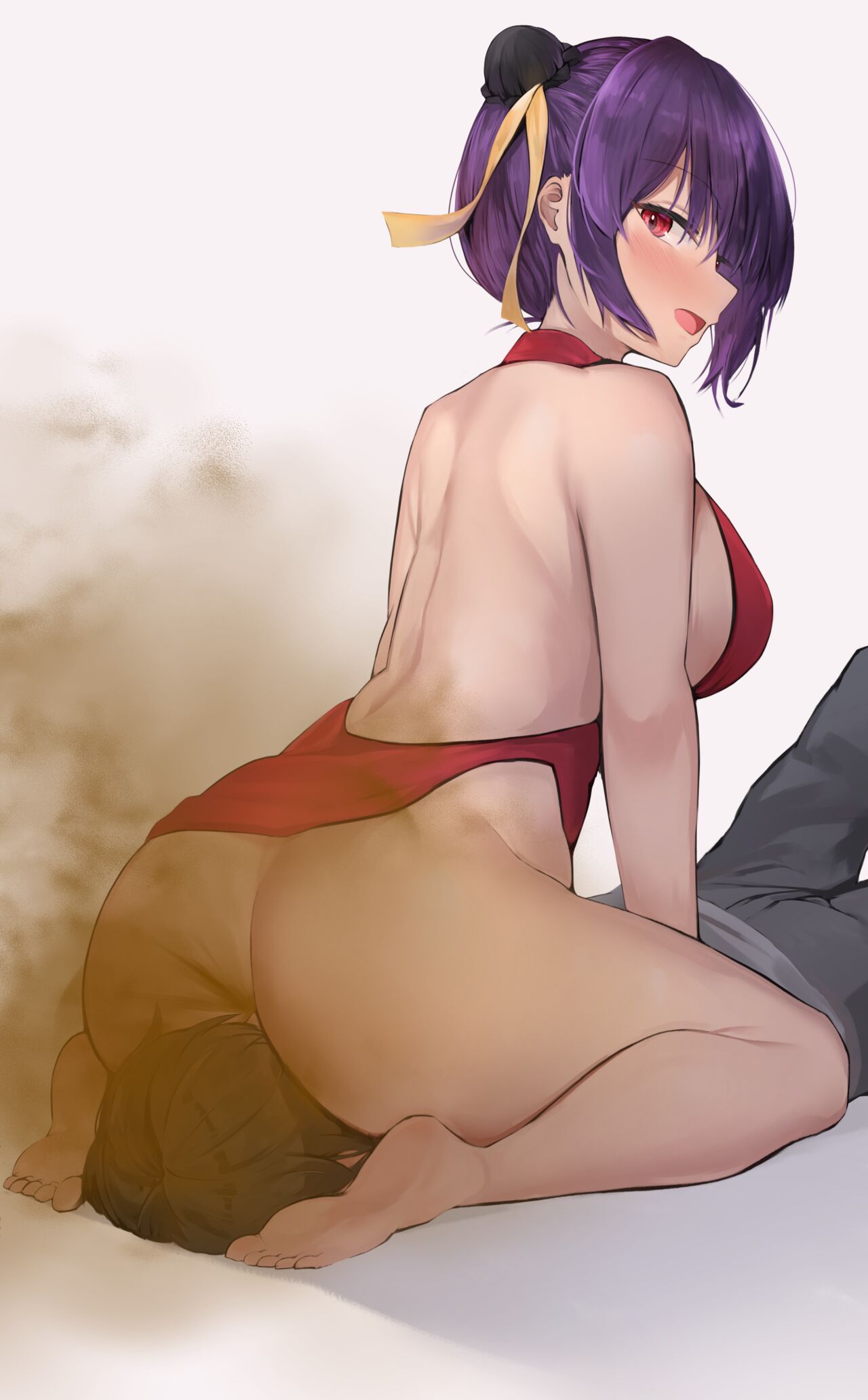 1boy 1girls ass_on_face big_ass big_butt blush china_dress chinese_clothes chinese_dress double_bun facesitting fart fart_cloud fart_fetish farting farting_in_face looking_at_viewer looking_back looking_back_at_viewer open_mouth purple_hair rear_view red_eyes smile thick_thighs tsuchiro