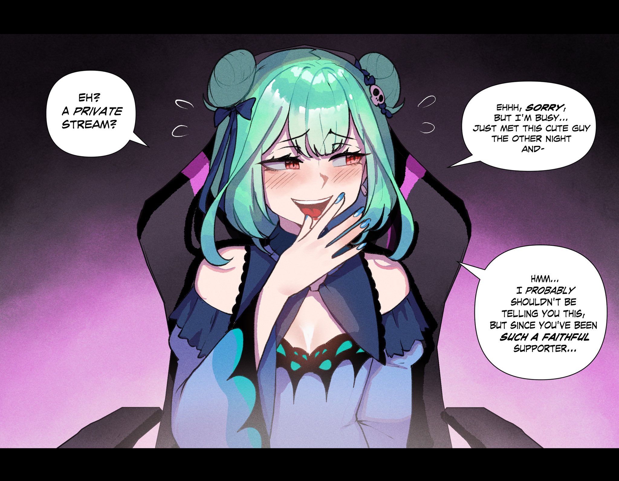 1girls, blue clothing, comic, dialogue, english text, female, female only, gaming chair, gradient background, green hair, green nails, hair bun, hair ornament, hololive, hololive fantasy, hololive japan, light skin, light-skinned female, livestream, livestreaming, looking at viewer, netorare, ntr, red eyes, solo, streaming, tagme, text, thiccwithaq, uruha rushia, virtual youtuber