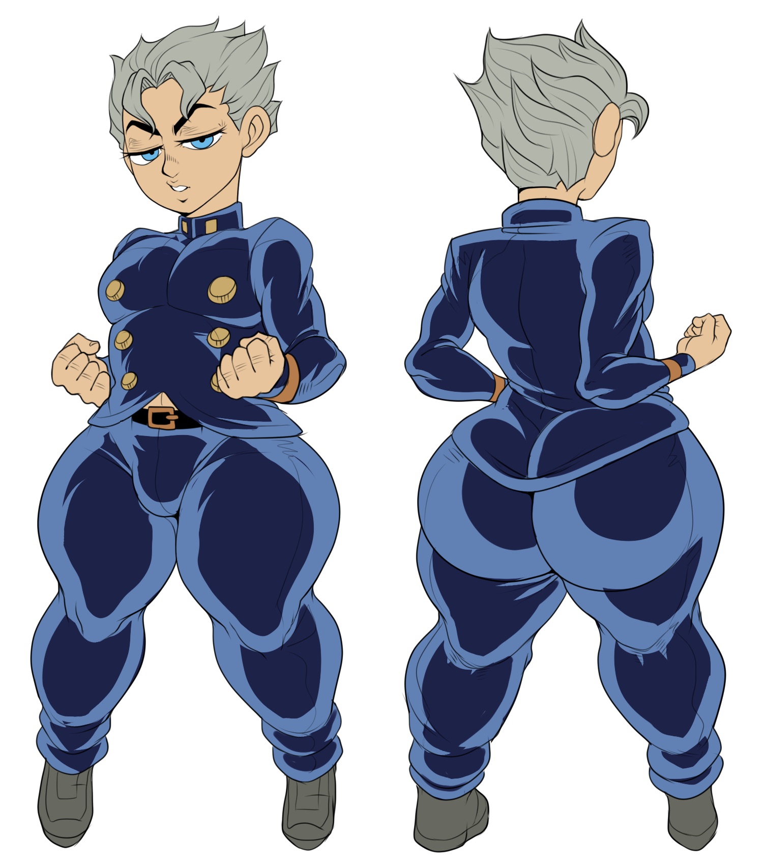 1boy, alternate costume, alternate outfit, alternate version available, ass, back view, big ass, blue pants, blue skirt, detnox, diamond is unbreakable, femboy, femboy only, front and back, front view, girly, jojo's bizarre adventure, koichi hirose, male, male only, school uniform, shortstack, shortstack femboy, spiky hair, trap, vento aureo, white background, white hair