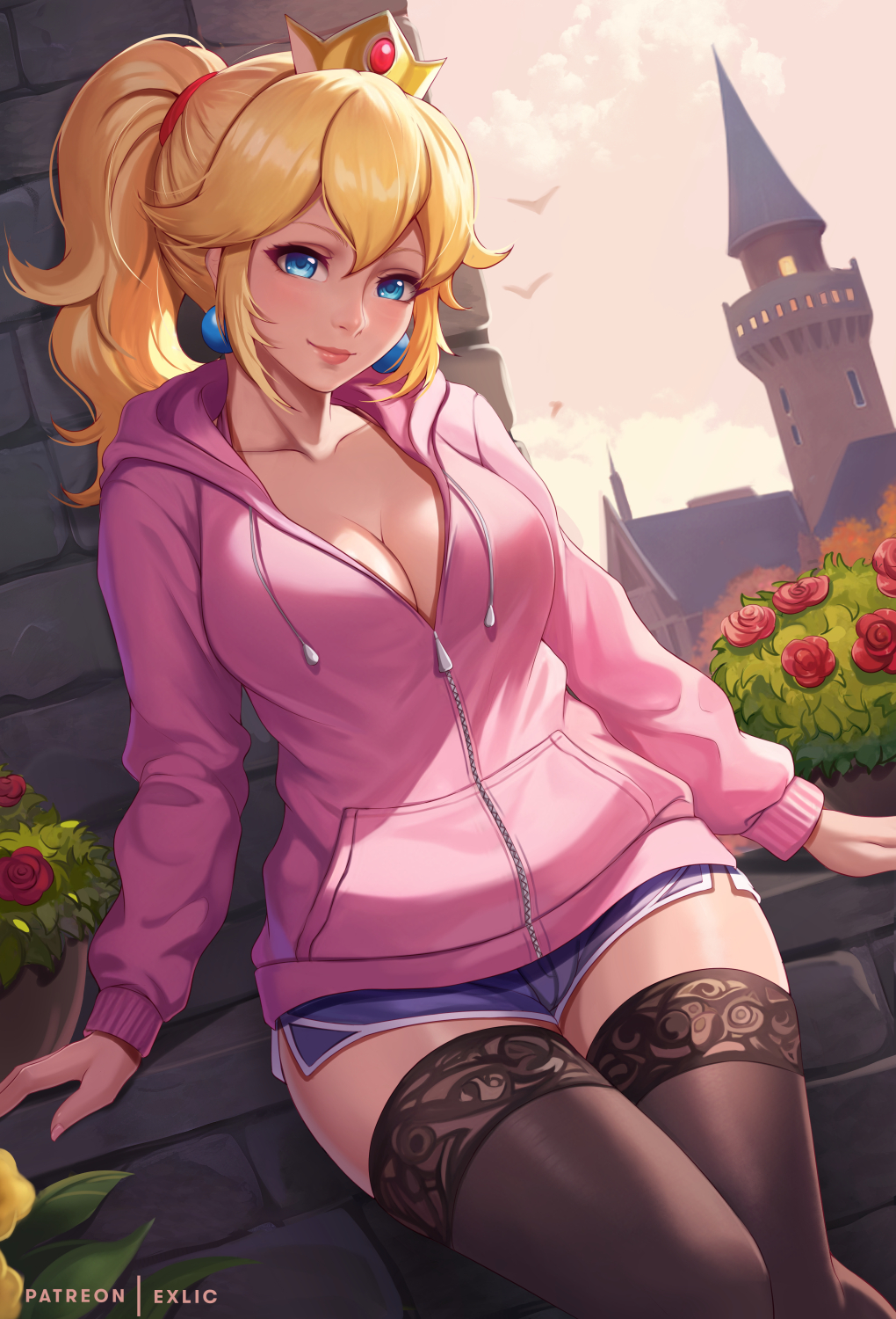 1girls, 2020s, 2023, 2d, artist name, big breasts, blonde hair, blue eyes, breasts, casual, cleavage, crown, dolphin shorts, earrings, exlic, eye contact, female, female only, head tilt, hoodie, human, human only, humanoid, legwear, light skin, light-skinned female, long hair, looking at viewer, mario (series), minishorts, nintendo, outdoors, outside, pale skin, pale-skinned female, princess peach, short shorts, shorts, smile, solo, thick thighs, thighhighs, thighs, watermark, zettai ryouiki