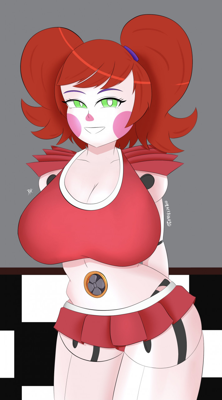 arms behind back, baby (fnafsl), big breasts, breasts, circus baby, circus baby (fnaf), cleavage, clown girl, female, five nights at freddy's, five nights at freddy's: sister location, fnaf, green eyes, hands behind back, red hair, robot girl, sister location, smile, solo