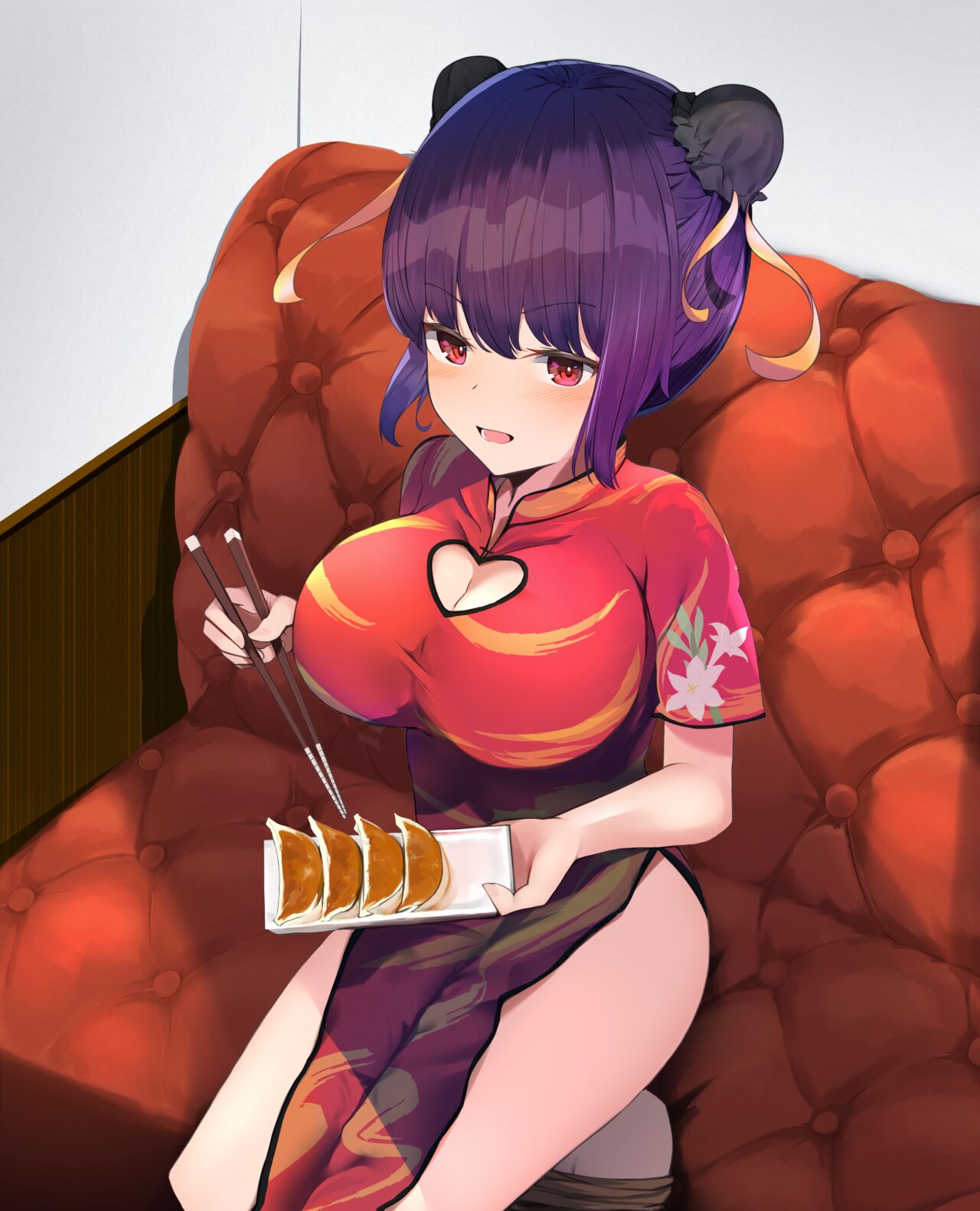 1boy 1girls blush bondage bun_cover china_dress chinese_clothes chopsticks double_bun facesitting female femdom food large_breasts male malesub open_mouth purple_hair red_eyes smile tied_up tsuchiro