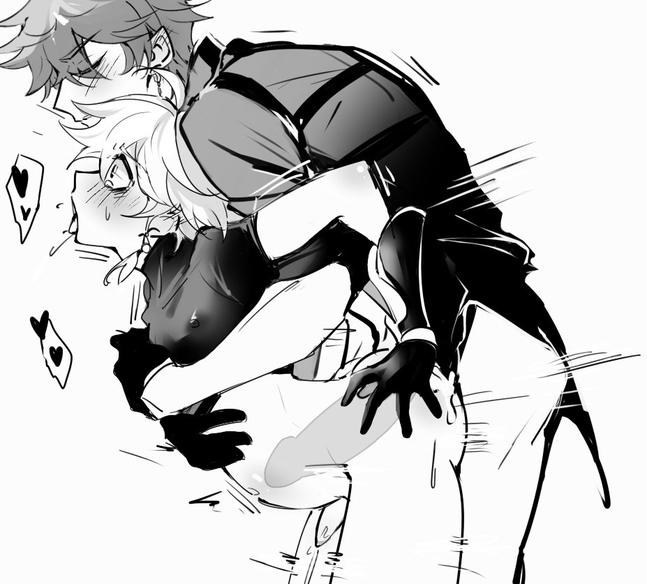 2boys, aether (genshin impact), childe (genshin impact), crying, crying with eyes open, gay, genshin impact, harness, male, male penetrated, male penetrating, maledom, nipples visible through clothing, size difference, stomach bulge, tartaglia (genshin impact), wujianyouyu, x-ray, yaoi