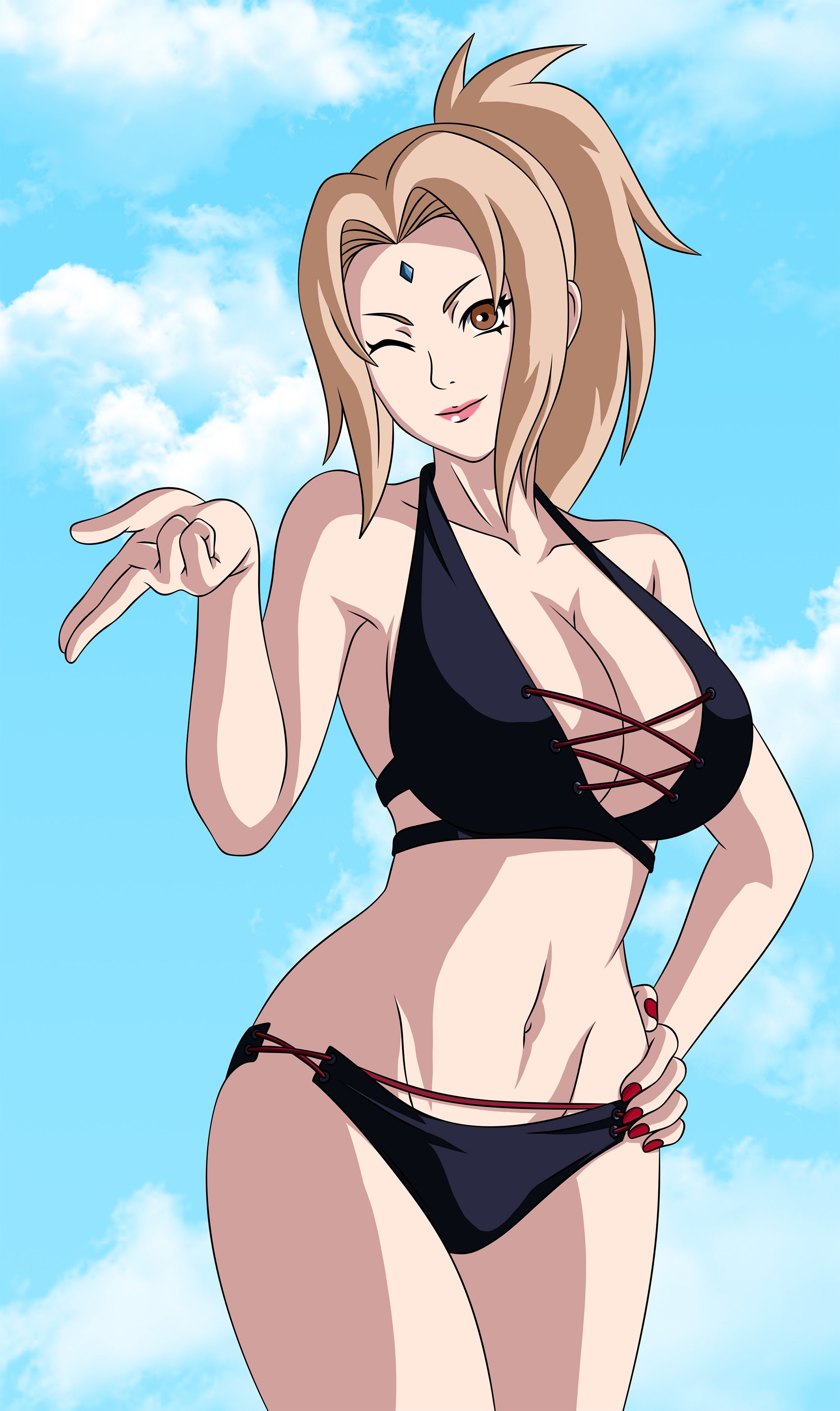 1girls, 2022, alternate costume, alternate hairstyle, bare arms, bare chest, bare legs, bare midriff, bare shoulders, bare thighs, blowing kiss, breasts, busty, cropped legs, curvaceous, curvy, curvy body, curvy female, curvy figure, facial mark, fat breasts, feet out of frame, female, female only, fingernail polish, fingernails, flat belly, flirting, flirting with viewer, forehead jewel, forehead mark, high resolution, hokage, hourglass figure, huge breasts, kunoichi, legs together, lipstick, makeup, mature, mature female, midriff, nail polish, naruto, naruto (classic), naruto (series), naruto shippuden, ninja, official art, one eye closed, parted bangs, pelvic curtain, pelvic line, pinup, ponytail, pose, posing, recolor, revealing swimsuit, seducing, seductive, seductive eyes, seductive look, seductive mouth, seductive pose, seductive smile, shounen jump, skimpy, skimpy bikini, skimpy clothes, slim waist, smile, smiling, smiling at viewer, solo, solo female, solo focus, swimsuit, third-party edit, tied hair, top heavy, tsunade, ultraeditsx, upscaled, voluptuous, wide hips, wink, winking, winking at viewer