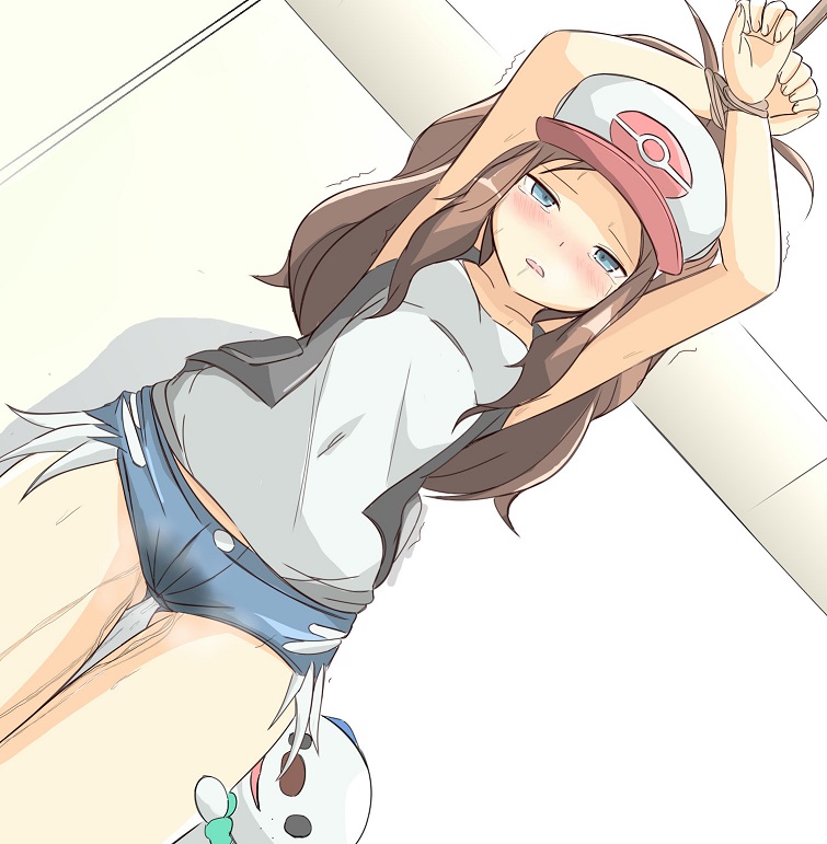 1girls, arms up, bondage, bound, brown hair, cap, denim, denim shorts, desperation, female, green eyes, hat, hilda (pokemon), muroi (fujisan0410), nintendo, omorashi, oshawott, pee stain, peeing, peeing self, pokemon, pokemon (species), pokemon bw, restrained, shorts, thigh gap, thighs, tied, tied up, trembling, urine, wetting, wetting self