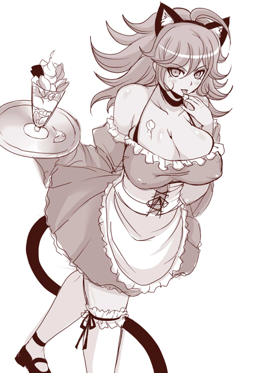 afuro bra breasts cat_ears cat_tail cleavage danganronpa danganronpa_2:_goodbye_despair large_breasts maid maid_uniform nipple_bulge owari_akane smooth_skin super_danganronpa_2 tanned tanned_female tanned_skin