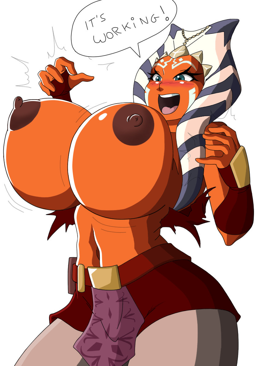 1girls ahsoka_tano alien alien_girl alternate_breast_size big_breasts blue_eyes breast_expansion breasts clone_wars expansion female female_only huge_breasts magic orange_skin solo star_wars the_clone_wars:_season_one the_force togruta wardrobe_malfunction witchking00