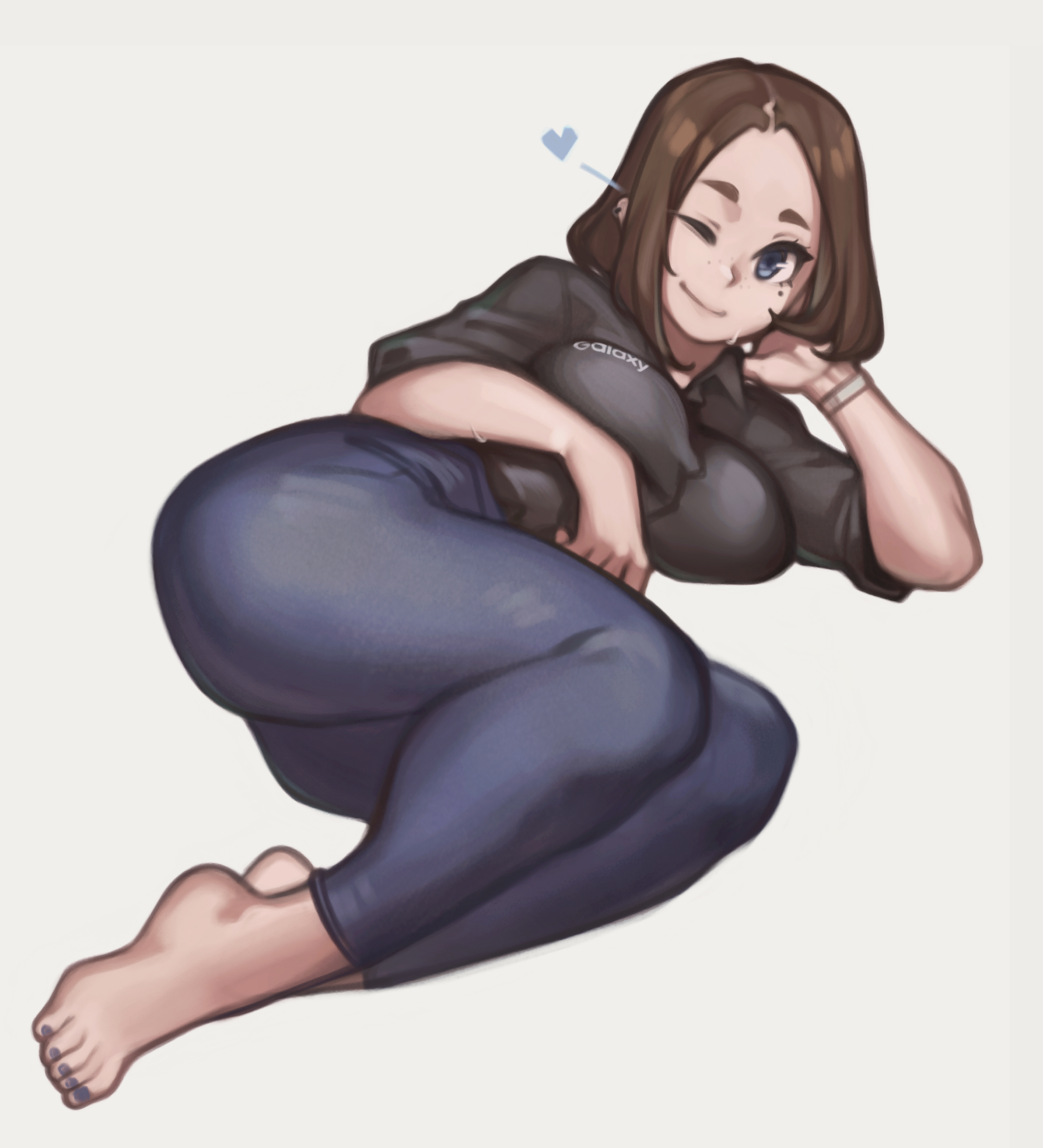 ass, barefoot, big ass, big breasts, black skirt, breasts, brown hair, feet, female, lentiyay, looking at viewer, samsung, samsung sam, tagme, thick thighs