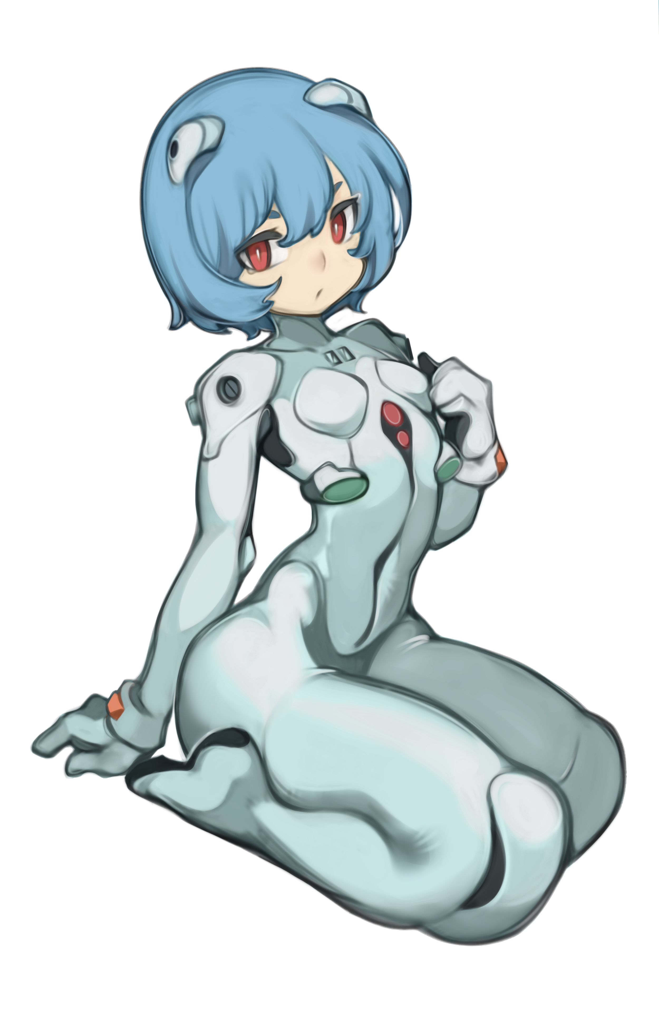 1girls, blue hair, bodysuit, breasts, clothing, female, flat chest, human, lentiyay, light skin, light-skinned female, neon genesis evangelion, pale skin, pale-skinned female, pilot suit, plugsuit, red eyes, rei ayanami, short hair, tagme