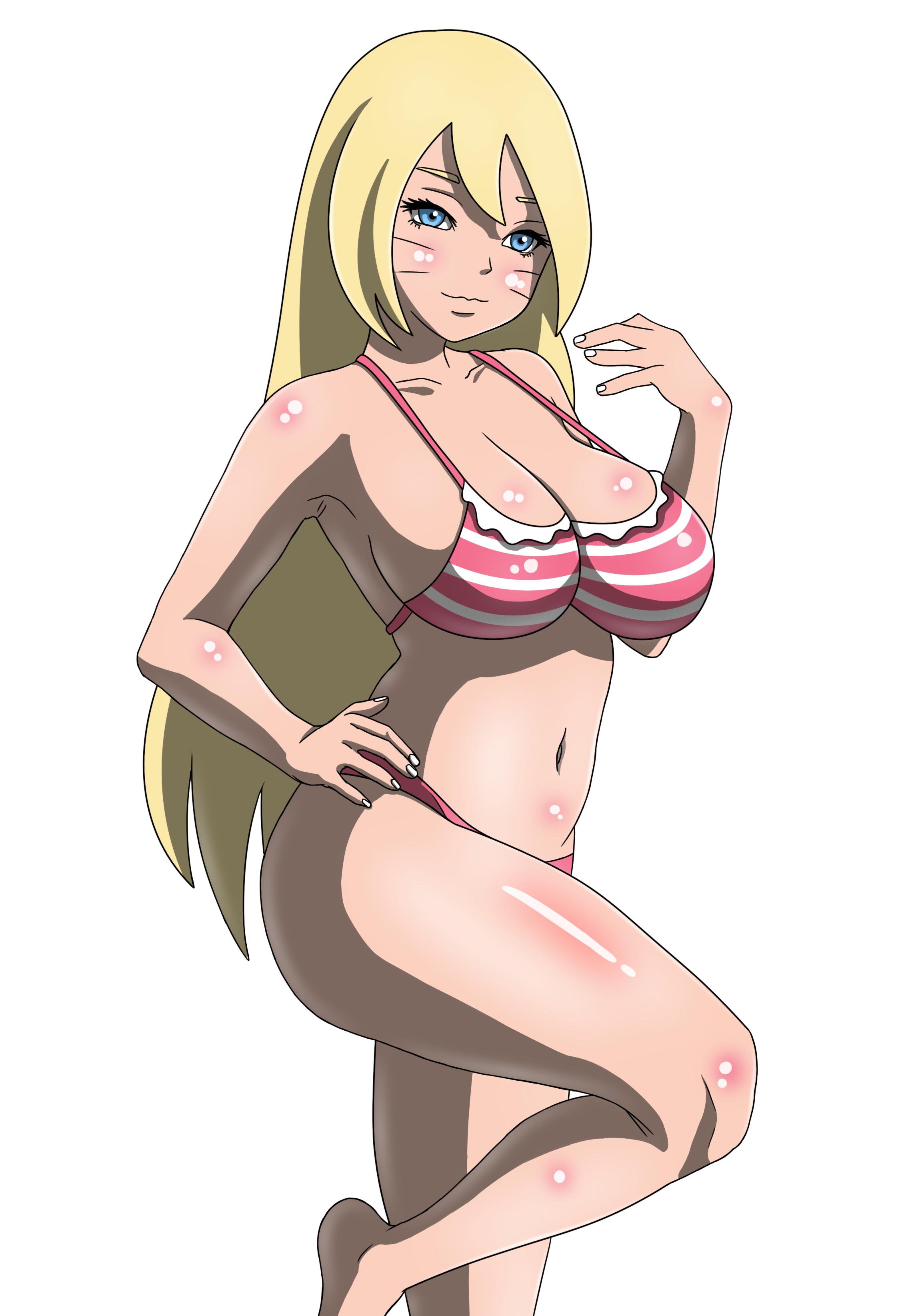 1girls, absurdres, ass, bikini, blonde hair, blue eyes, blush, boruko, boruto: naruto next generations, breasts, cowboy shot, facial mark, female, from behind, gender transformation, genderswap, genderswap (mtf), heart, highres, large breasts, long hair, looking at viewer, looking back, naruto, naruto (series), parted lips, rule 63, sexy no jutsu, skindentation, solo, swimsuit, transformation, twintails, uzumaki boruto, whisker markings