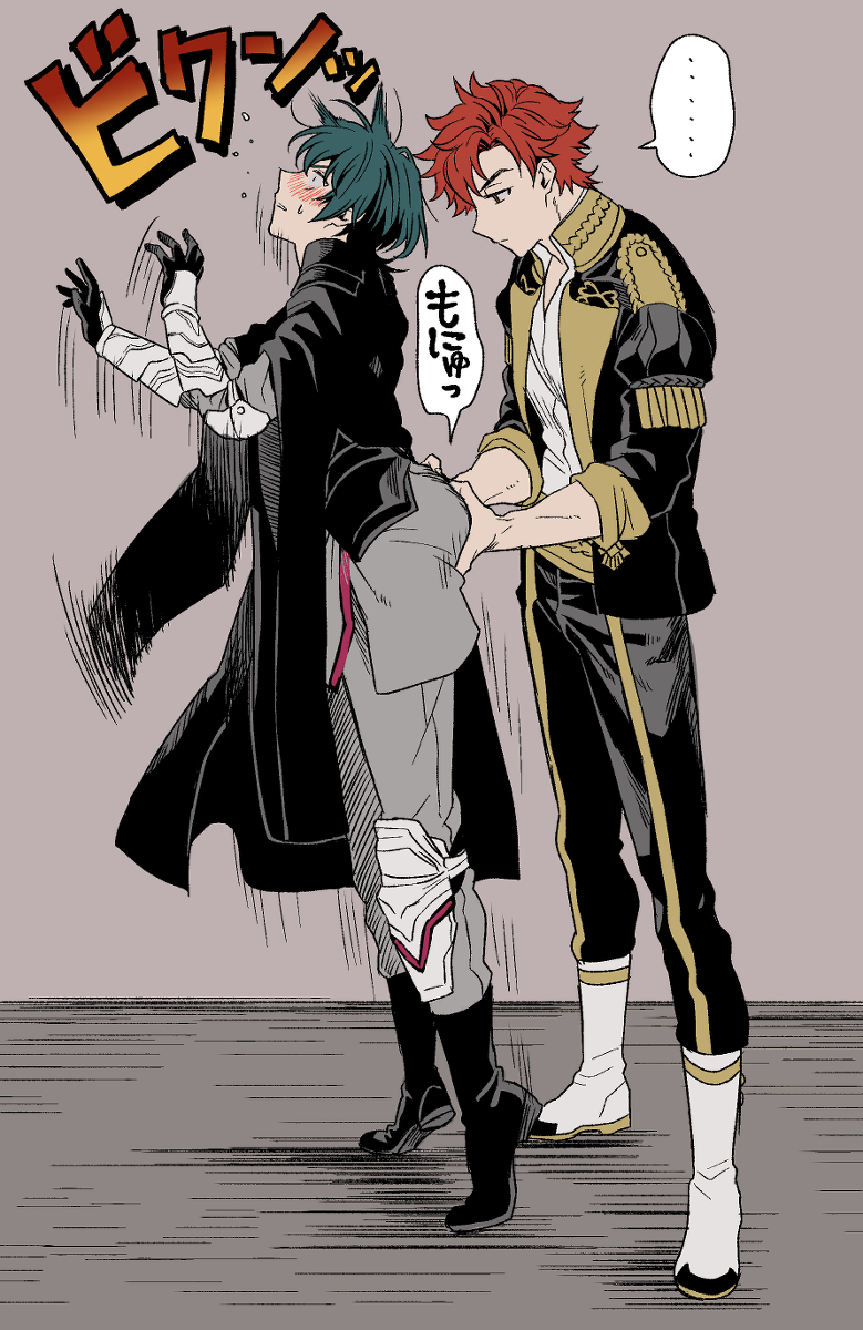 2boys, ass, ass grab, blush, byleth (fire emblem), byleth (fire emblem) (male), fire emblem, fire emblem: three houses, garreg mach monastery uniform, gay, groping, male, male only, nintendo, nonesabu, shocked, surprised, sylvain jose gautier, yaoi