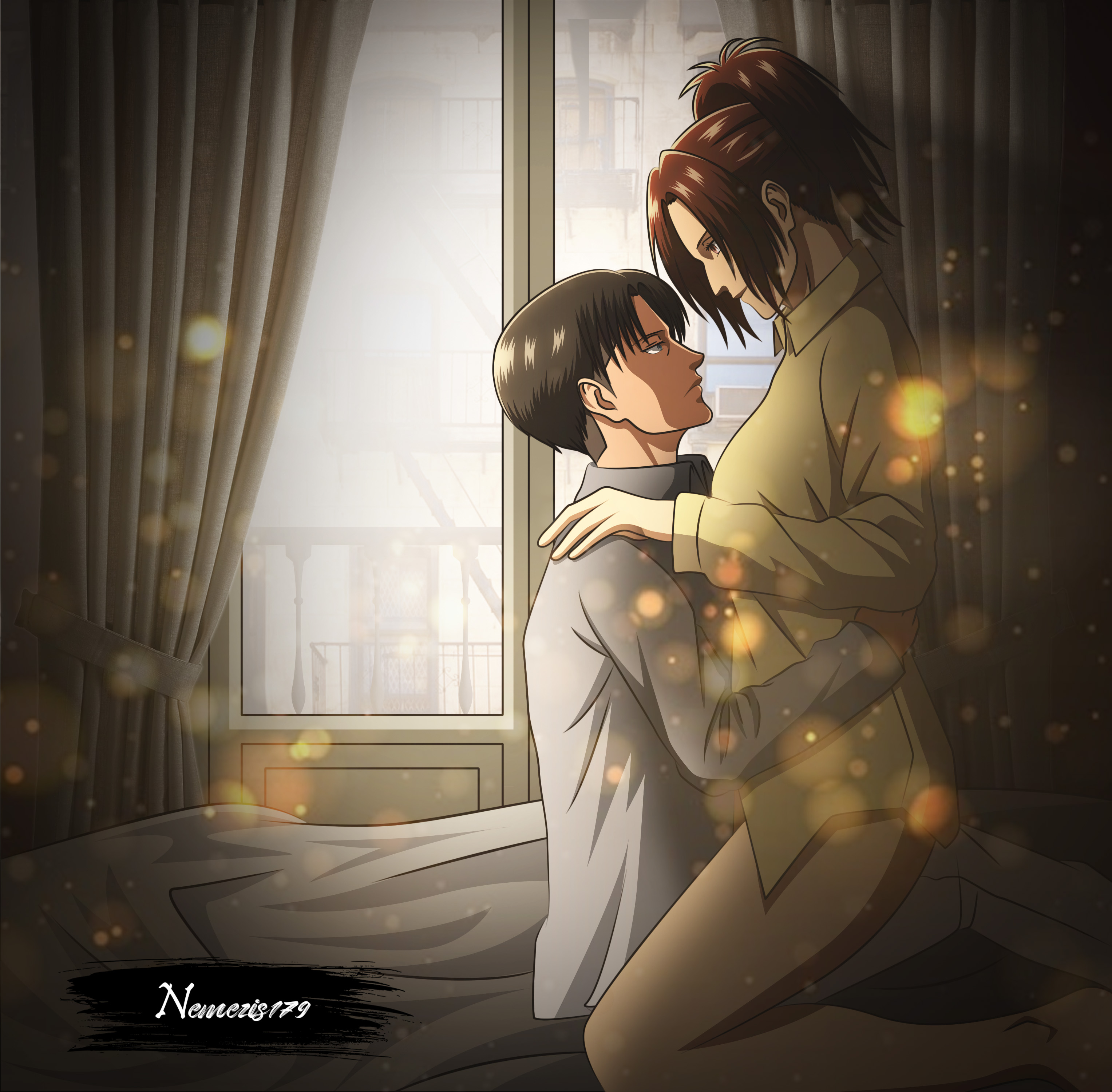 1boy, 1girls, attack on titan, bedroom, bottomless, face to face, female, hanji zoe, high resolution, imminent sex, levi ackerman, male, male/female, nemesis179, on bed, on lap, passionate, romantic, shingeki no kyojin, shirt only, sitting on lap, straight, suggestive, window
