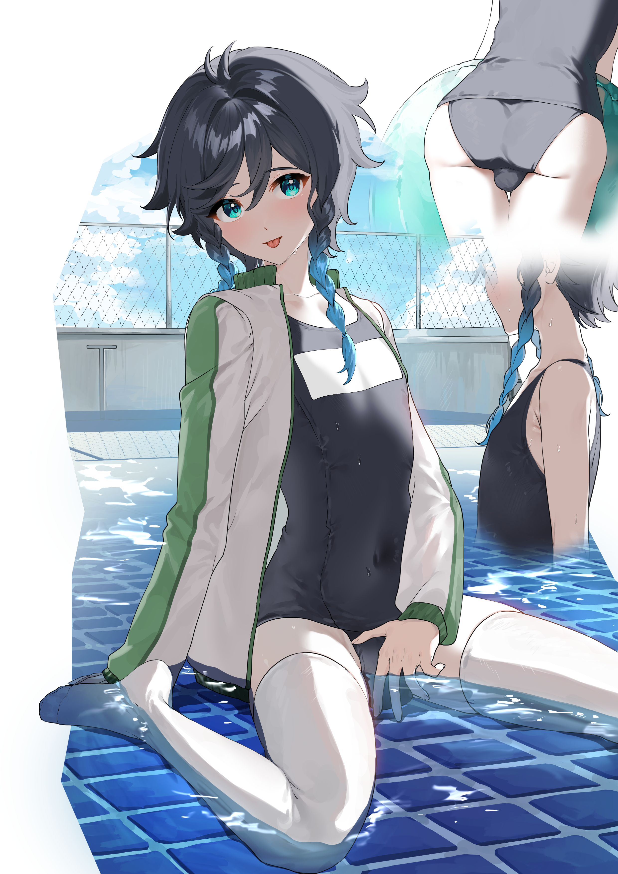 :p, 1boy, androgynous, ass, back view, bare shoulders, blue eyes, blue hair, blush, braid, bulge, femboy, from behind, genshin impact, hi res, kkopoli, looking at viewer, male, one-piece swimsuit, pool, school swimsuit, side view, skin tight, swimming pool, swimsuit, thighhighs, tongue, tongue out, track jacket, twink, venti (genshin impact)