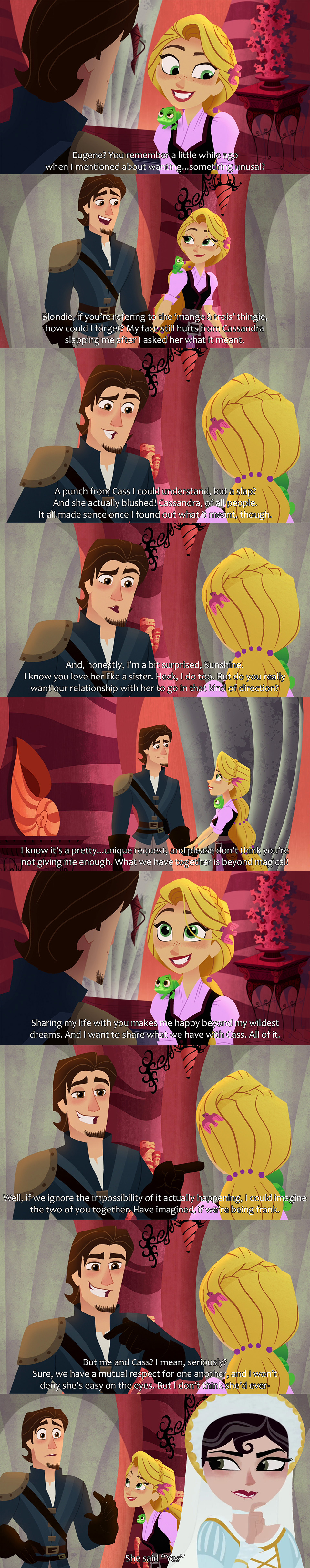 1boy 2girls blonde_hair caption cassandra_(tangled) clothing dialogue disney disney_channel disney_princess eugene_fitzherbert female green_eyes human looking_back male mehefin013 nonude pale_skin polyamory rapunzel screenshot screenshot_edit suggestive surprised tangled tangled:_the_series text