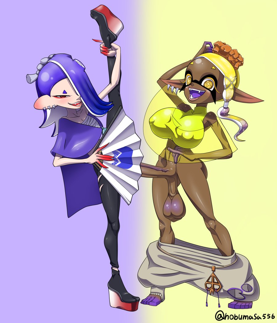 1futa, 1girls, balls, big balls, big penis, circumcised, dark skin, dark-skinned futa, dickgirl, female, frye (splatoon), futa on female, futanari, inkling, intersex, large penis, long penis, nintendo, nobumasa, octoling, penis, sagging balls, shiver (splatoon), splatoon, splatoon (series), splatoon 3