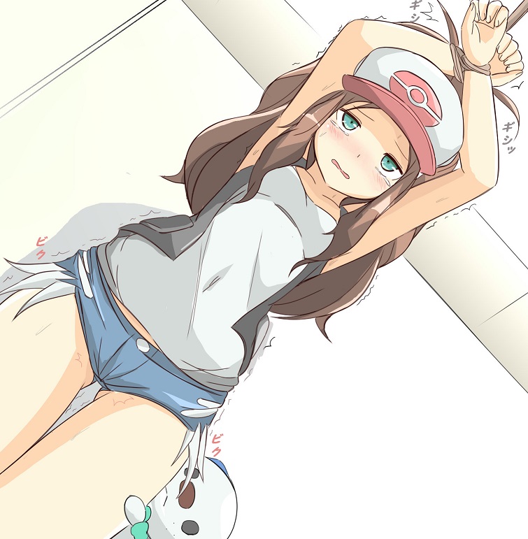 1girls, arms up, bondage, bound, brown hair, cap, denim, denim shorts, desperation, female, green eyes, hat, hilda (pokemon), muroi (fujisan0410), nintendo, omorashi, oshawott, pee desperation, pokemon, pokemon (species), pokemon bw, restrained, shorts, thigh gap, thighs, tied, tied up, trembling