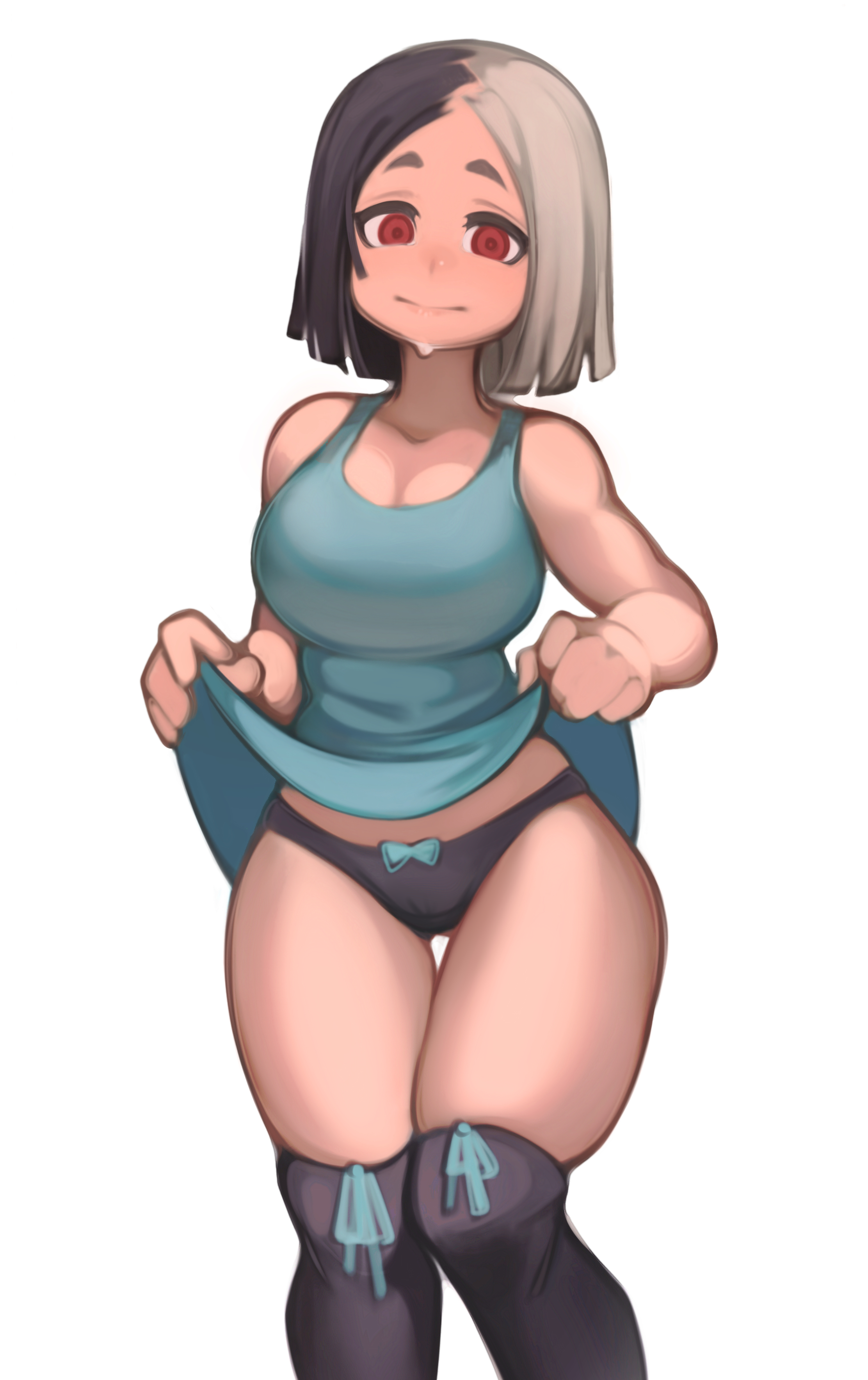 1girls, dress lift, female, lentiyay, original, original character, panties, red eyes, tagme, two-tone hair