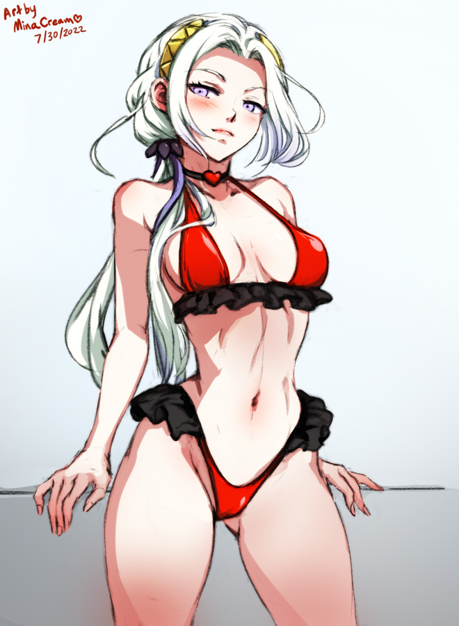 1girls, alternate costume, alternate hairstyle, armor, artist name, ass visible through thighs, bangs, bare arms, bare thighs, bikini, blush, breasts, choker, cleavage, dated, edelgard von hresvelg, female, female only, fire emblem, fire emblem warriors: three hopes, fire emblem: three houses, frilled bikini, frills, hair ribbon, long hair, looking at viewer, medium breasts, minacream, navel, nintendo, official alternate hairstyle, parted bangs, ponytail, purple eyes, red bikini, red swimsuit, ribbon, sideboob, smile, solo, swimsuit, thighs, white hair