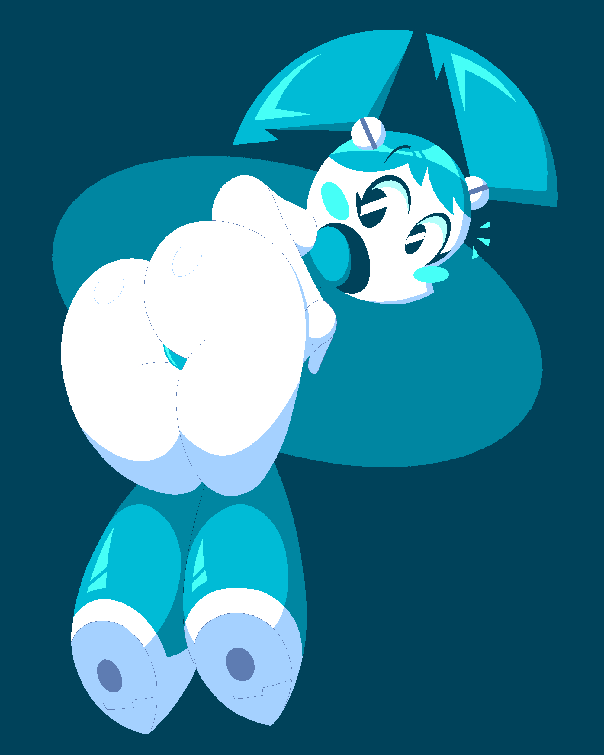 1girls, ass, ass focus, big ass, big butt, blue hair, bubble ass, bubble butt, butt focus, female, hair, huge ass, jenny wakeman, jjoyplus, large ass, large butt, looking back, mob face, my life as a teenage robot, no outlines, open mouth, panties, pigtails, rear view, robot, robot girl, simple background, simple shading, solo, solo female, thick thighs, thighs, xj-9