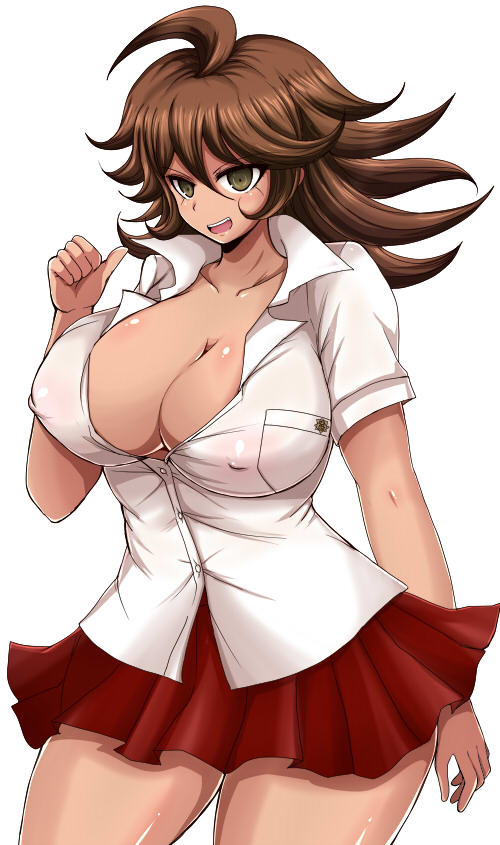 afuro breasts cleavage danganronpa danganronpa_2:_goodbye_despair large_breasts nipple_bulge no_bra owari_akane straight_hair super_danganronpa_2 tanned tanned_female tanned_skin visible_nipples