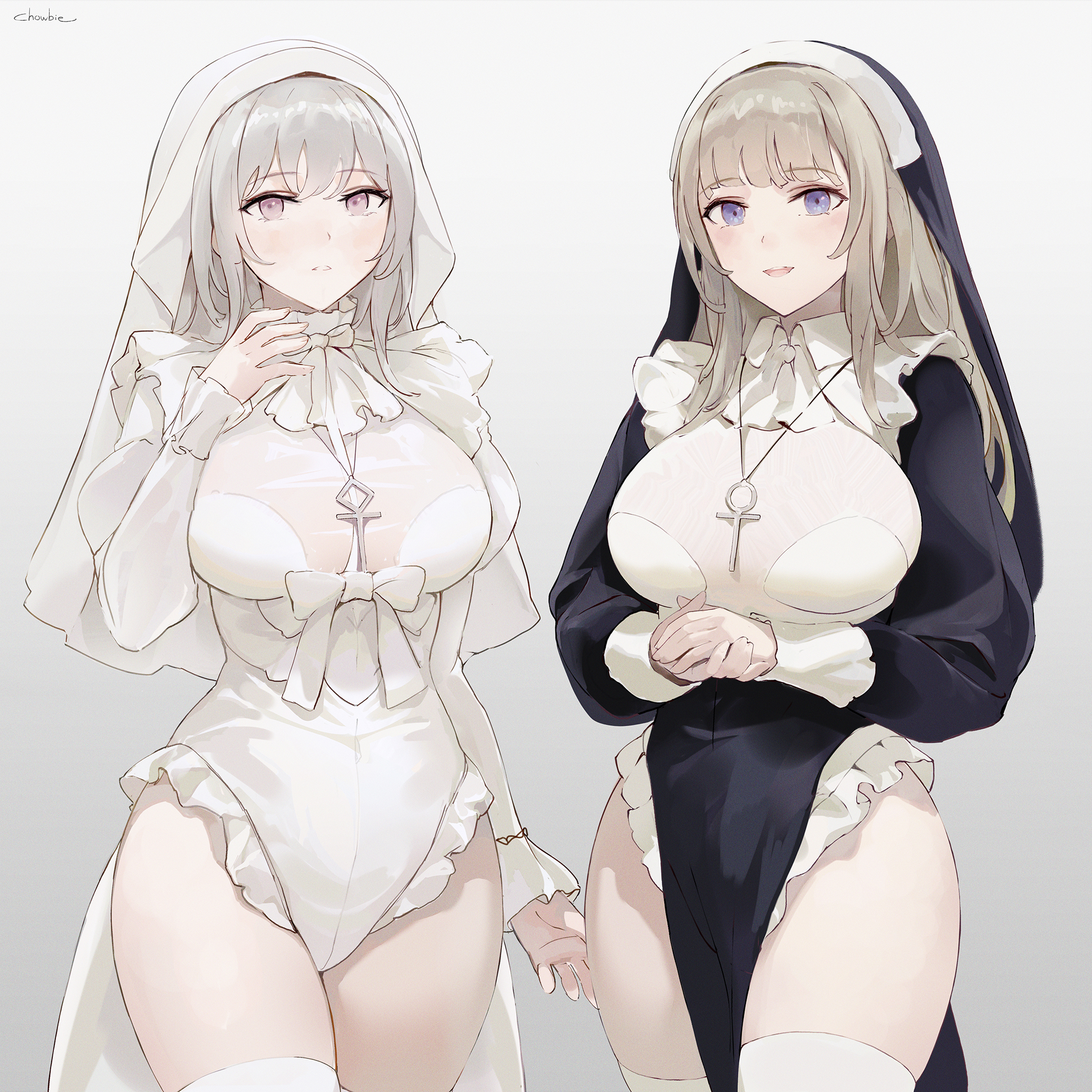 2girls, bangs, big breasts, black dress, black headwear, blouse, blue eyes, blush, breasts, chowbie, cross necklace, dress, female, female only, frills, gradient background, grey background, grey hair, highres, large breasts, leotard, lingerie, long hair, long sleeves, looking at viewer, necklace, nun, original, own hands together, purple eyes, see-through, shirt, simple background, smile, stockings, thighhighs, thighs, white headwear, white leotard, white thighhighs