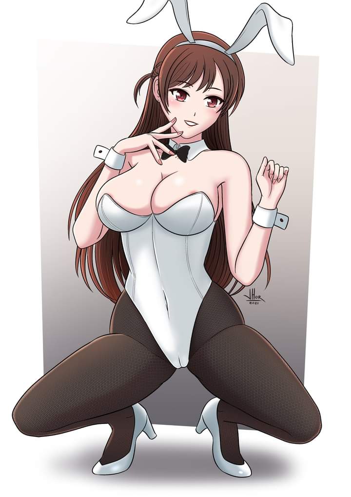 breasts, brown hair, bunny ears, bunnysuit, female, female only, kanojo okarishimasu, lhor art, mizuhara chizuru, solo, tagme