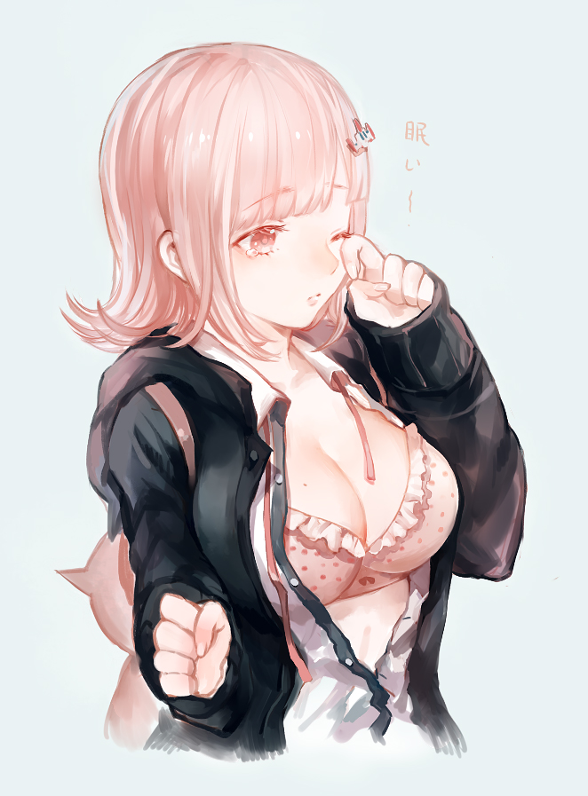 accidental exposure, bra, breasts, danganronpa, danganronpa 2: goodbye despair, female, female only, large breasts, mole, mole on breast, nanami chiaki, open clothes, open shirt, shell (shell518), smooth skin, straight hair, super danganronpa 2, wardrobe malfunction