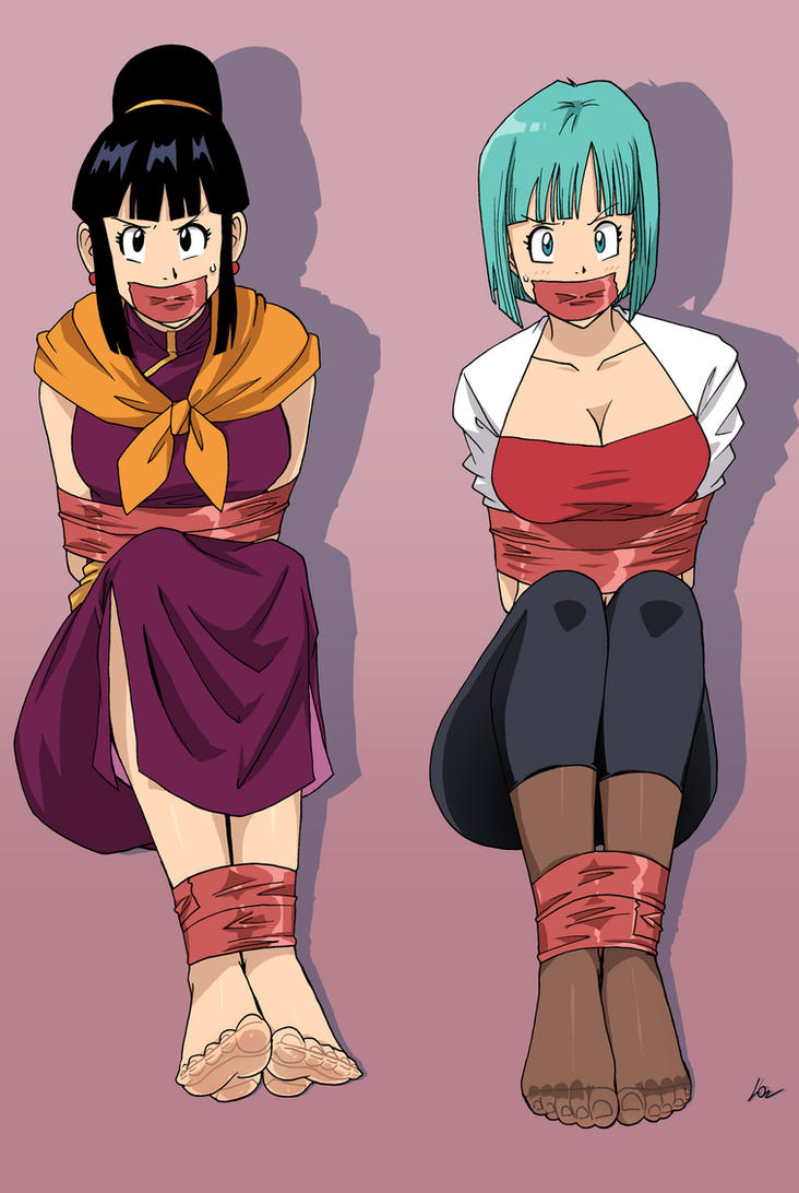 bondage, bulma briefs, bulma briefs (androids' saga), chichi, dragon ball, dragon ball z, feet, female, gag, lostonezero, pantyhose, tape bondage, tape gag