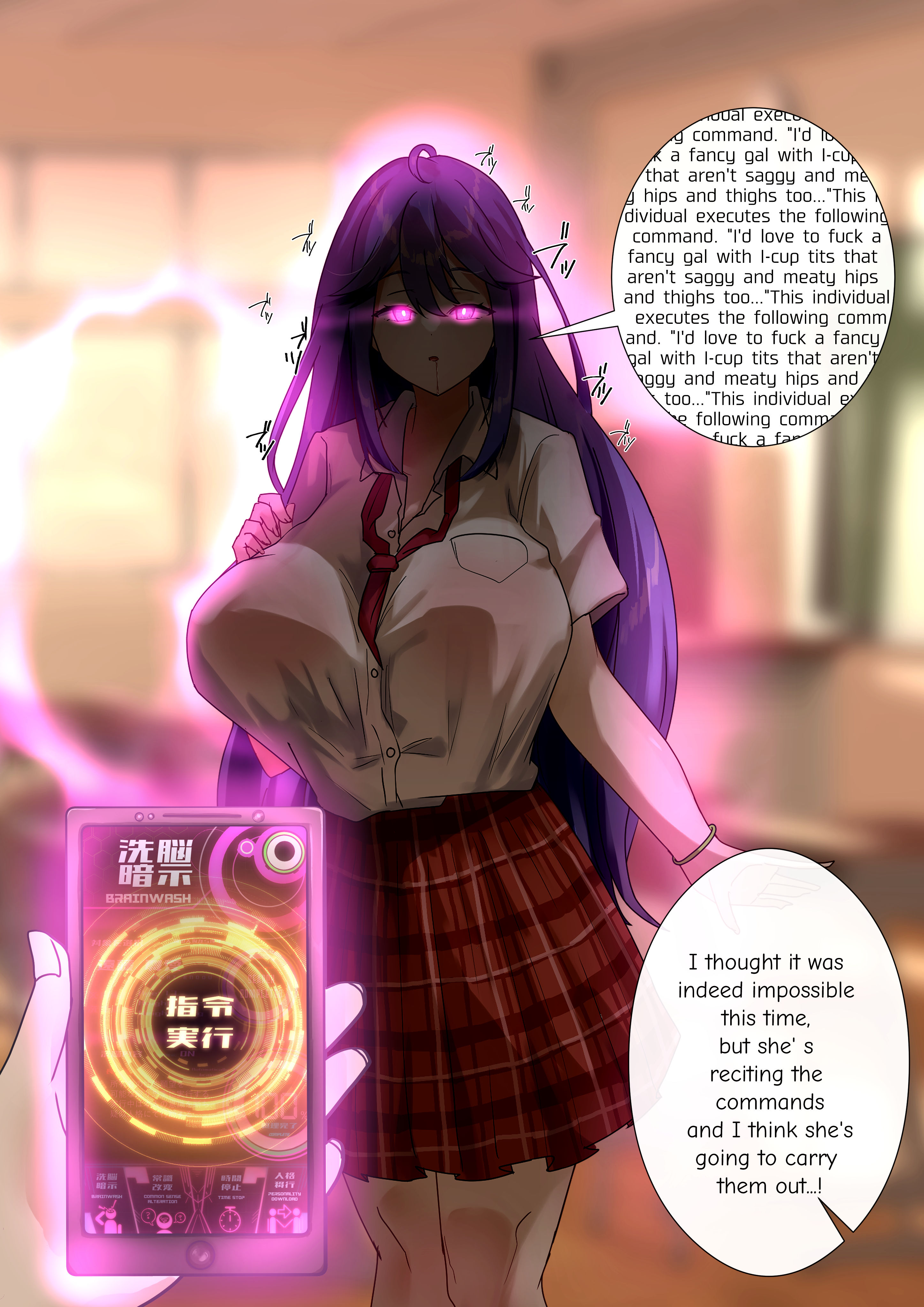 1girls, big breasts, blue hair, bra visible through clothes, brainwashed, brainwashing, breasts, busty, close rim open, curvaceous, curvy, curvy body, curvy female, english text, female, female focus, huge breasts, hypnosis, large breasts, long hair, mind control, original, original character, pink eyes, school uniform, schoolgirl, schoolgirl uniform, smartphone, text, voluptuous
