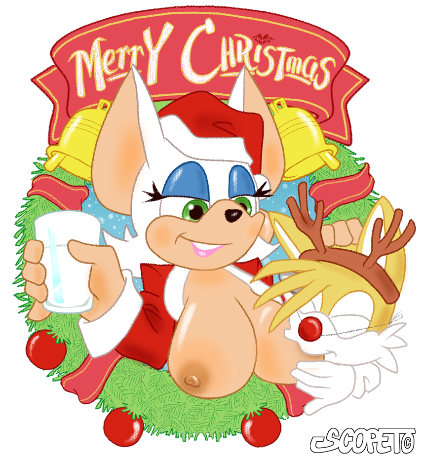 1boy 1boy1girl 1girls age_difference bat bells beverage breastfeeding christmas cup drink escopeto eyeshadow fox gloves hat lactation makeup milk older_female reindeer_costume rouge_the_bat sonic_(series) sonic_the_hedgehog_(series) straight sucking sucking_nipples tails wreath younger_male