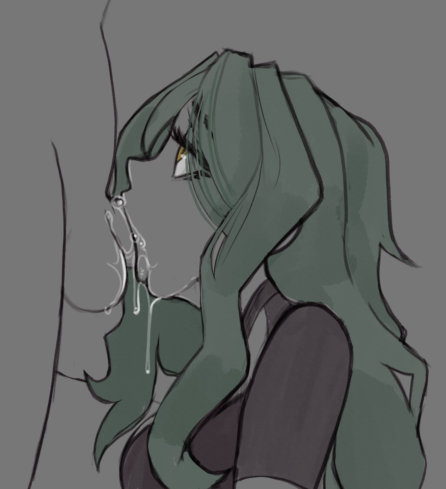 1boy, 1girls, all the way to the base, balls, breasts, clariarikari, clothed, clothed female nude male, colored hair, commission, deepthroat, deepthroat no hands, eye contact, eyelashes, fellatio, female, green hair, grey background, hands-free, ipola (snowsamurai1), kneeling, long hair, looking at partner, looking up, male, medium breasts, oc, oral, original character, penis, petite, saliva, saliva drip, saliva on penis, saliva string, sketch, slim, standing, submissive, submissive female, testicles, throat bulge, throat fuck, wavy hair, yellow eyes