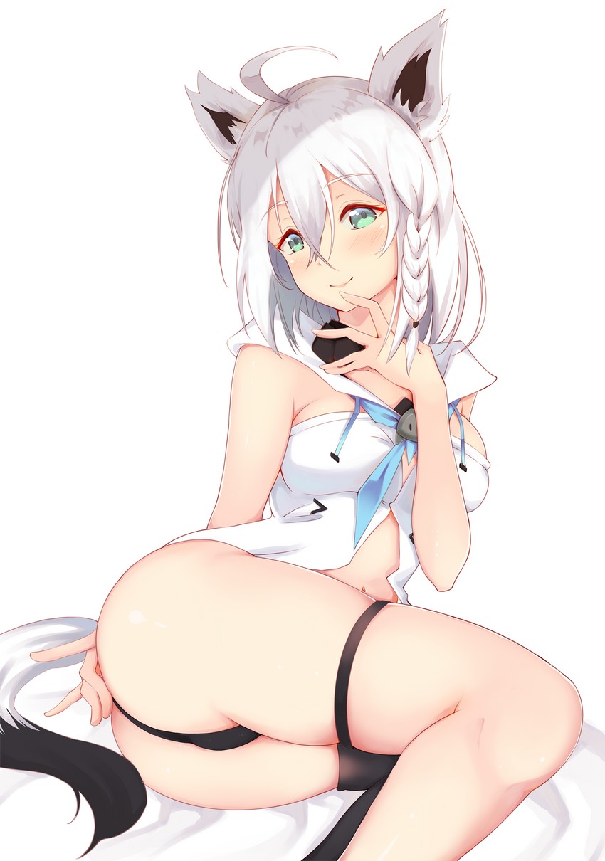 1girls, animal ear fluff, animal ears, animal girl, belly button, black legwear, black panties, cute, cute face, female, female focus, female only, fox, fox ears, fox girl, fox tail, hair between eyes, high resolution, highres, hololive, hololive gamers, hololive gen 1, hololive japan, looking at viewer, lying, paddy san, shirakami fubuki, simple background, smile, smiling, smiling at viewer, tagme, tail, virtual youtuber, white background, white hair