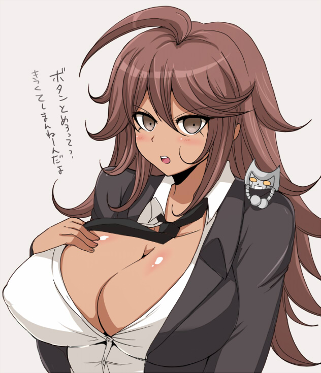 afuro breasts cleavage danganronpa danganronpa_2:_goodbye_despair large_breasts owari_akane smooth_skin suit super_danganronpa_2 tanned tanned_female tanned_skin unbuttoned unbuttoned_shirt