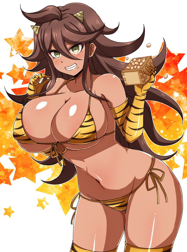 afuro bikini bikini_bottom bikini_top breasts danganronpa danganronpa_2:_goodbye_despair large_breasts owari_akane skimpy_bikini smooth_skin super_danganronpa_2 tanned tanned_female tanned_skin tiger_print tiger_print_armwear tiger_print_bikini tiger_print_legwear