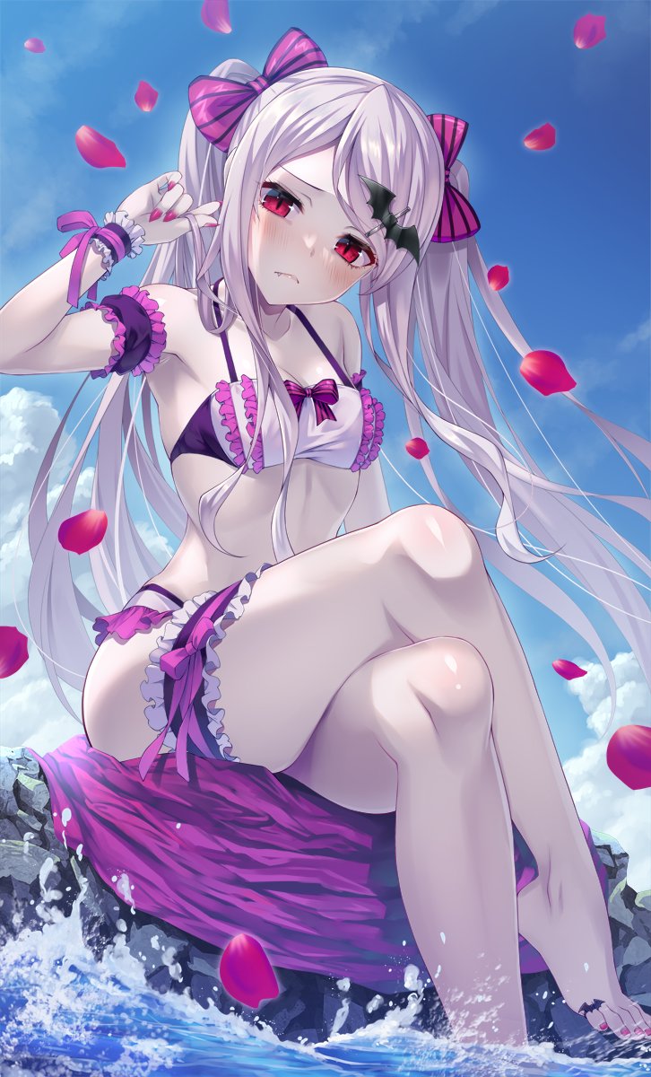 1girls barefoot bat bikini clear_sky crossed_legs emanon123_(artist) fangs feet feet_in_water female female_focus female_only looking_at_viewer nails overlord_(maruyama) painted_nails pale_skin playing_with_hair red_eyes sea shalltear_bloodfallen sky solo swimsuit vampire white_hair white_skin