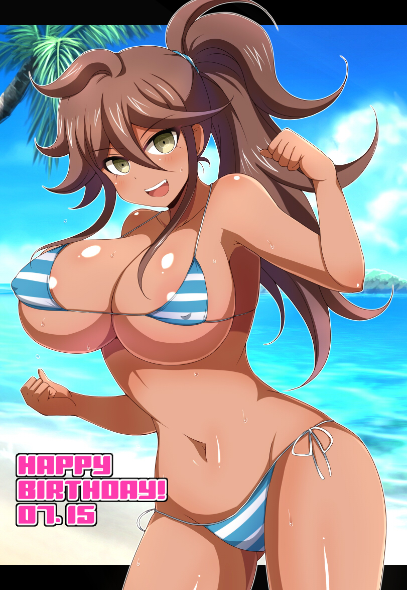 afuro alternate_version_available beach bikini bikini_bottom bikini_top blue_bikini blue_bikini_bottom blue_bikini_top breasts brown_hair cloud danganronpa danganronpa_2:_goodbye_despair danganronpa_s:_ultimate_summer_camp english english_text green_eyes large_breasts nipple_bulge nipples nipples_visible_through_clothing one_eye_closed owari_akane palm_tree palmtree ponytail sand sea seaside skimpy_clothes sky smooth_skin super_danganronpa_2 tanned tanned_female tanned_skin text