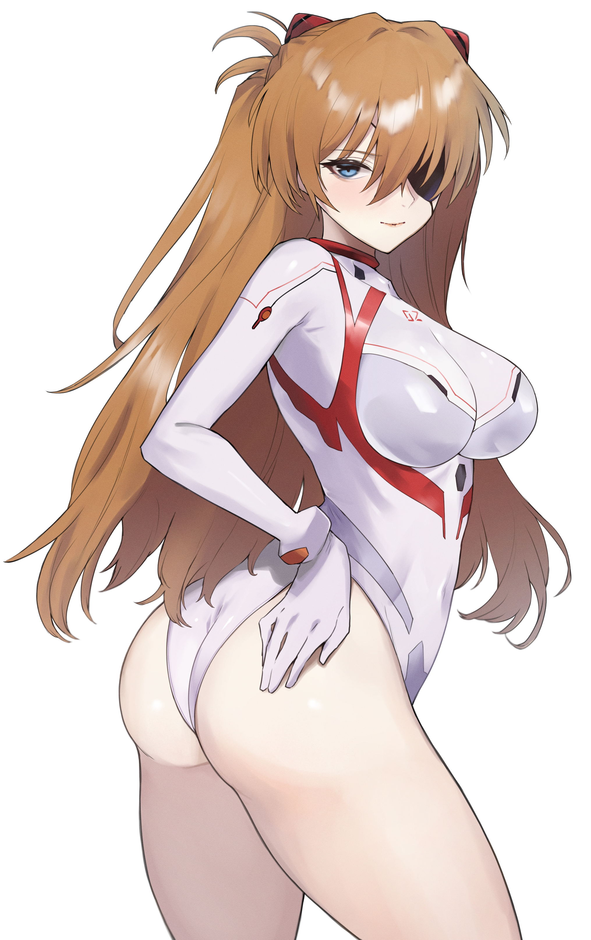 1girls, 2022, ass, asuka langley sohryu, blue eyes, bodysuit, breasts, clothing, eyepatch, female, female only, highleg leotard, hips, human, kataku musou, large ass, large breasts, leotard, light skin, light-skinned female, long hair, long sleeves, neon genesis evangelion, orange hair, pilot suit, plugsuit, rebuild of evangelion, slim waist, thong, thong leotard, white plugsuit, wide hips