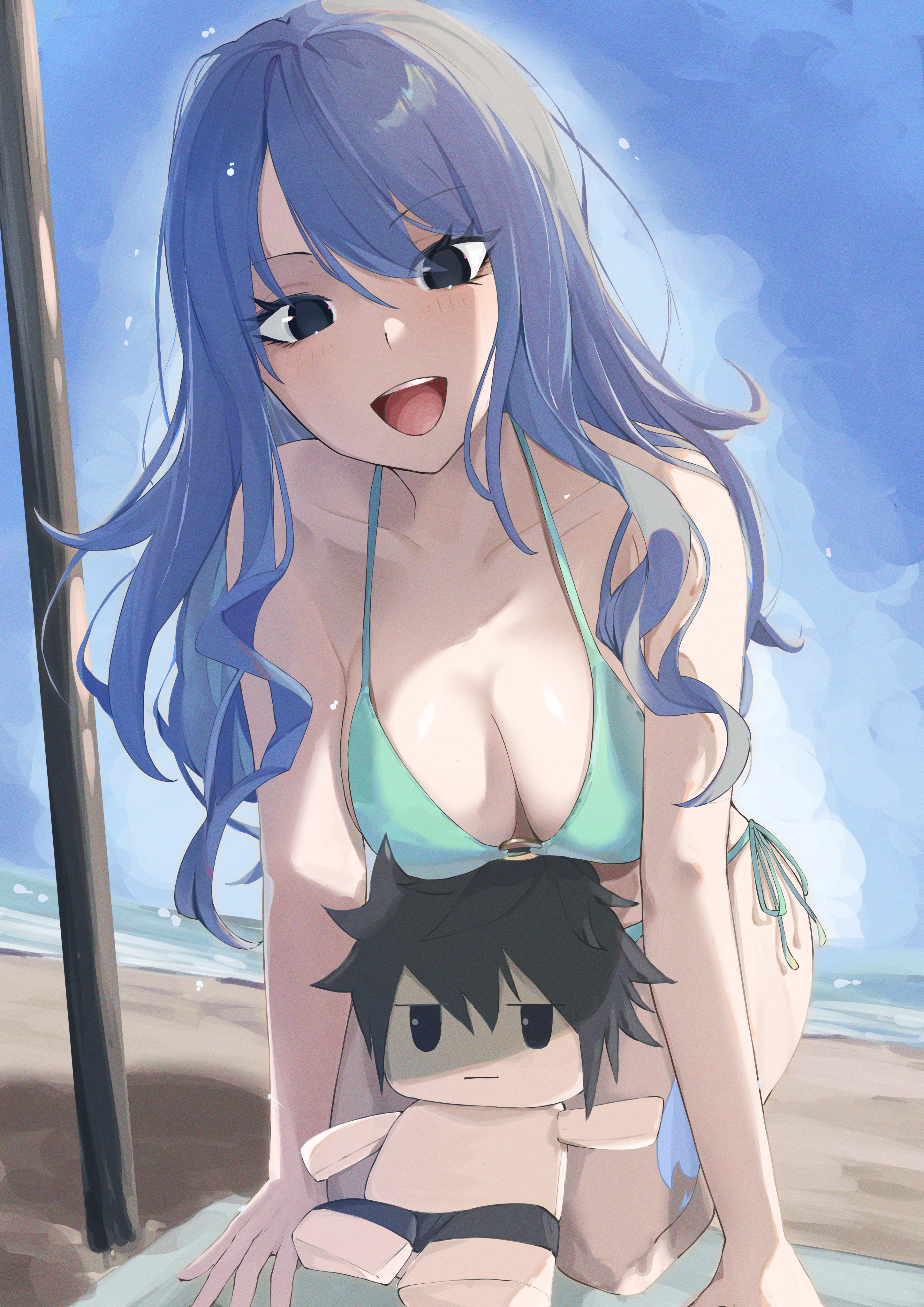 1girls, absurd res, beach, big breasts, bikini, bikini bottom, bikini top, black eyes, blue bikini, blue hair, blue panties, blue swimsuit, blue tattoo, blue-haired female, blush, breasts, busty, cleavage, clothing, cute, fairy tail, fairy tail mark, female, female focus, female only, fujikawa hikari, highres, juvia lockser, large breasts, leg tattoo, light skin, light-skinned female, long hair, looking at viewer, ocean, outdoors, outside, pale skin, pale-skinned female, panties, plushie, smile, smiling, smiling at viewer, solo, solo female, solo focus, swimsuit, tattoo, tattoo on leg, tattoo on legs, tattooed leg, thigh tattoo, thighs, voluptuous