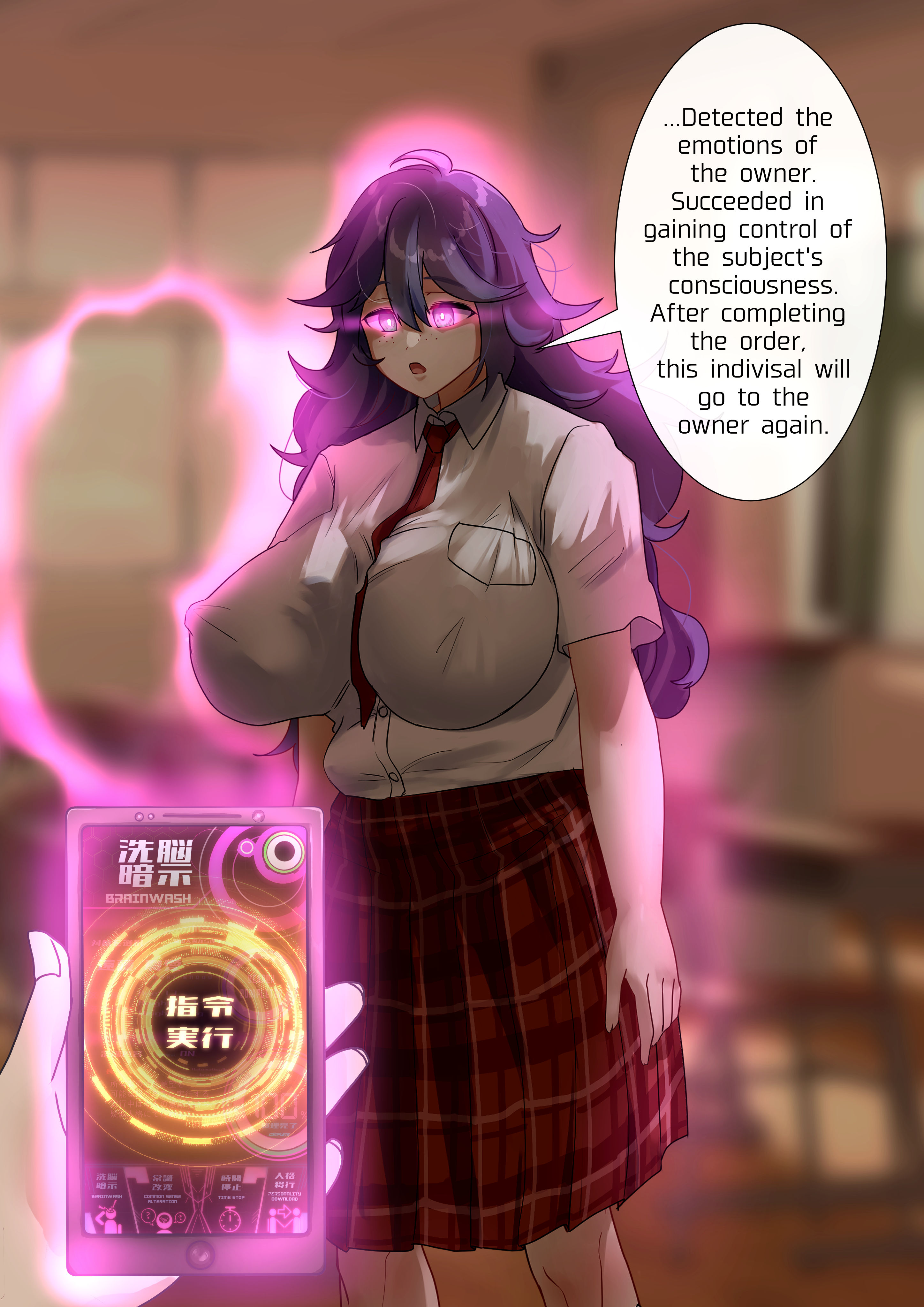 1girls, big breasts, blue hair, brainwashed, brainwashing, breasts, busty, close rim open, curvaceous, curvy, curvy body, curvy female, english text, female, female focus, huge breasts, hypnosis, large breasts, long hair, mind control, original, original character, pink eyes, school uniform, schoolgirl, schoolgirl uniform, smartphone, text, voluptuous