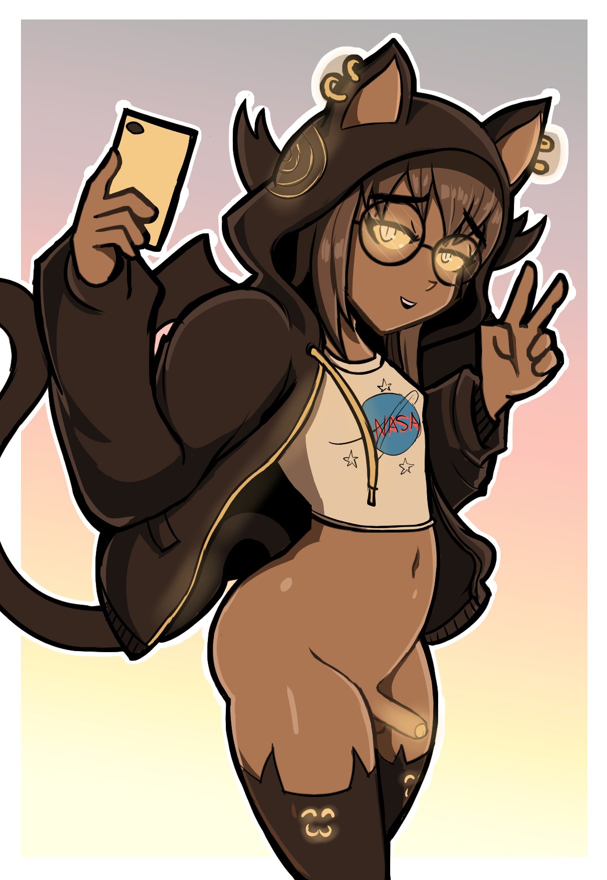 1boy, dark skin, dark-skinned femboy, dark-skinned male, dylan (keetydraws), erection, femboy, glasses, lavey-otokonoko, male, penis, solo, thighhighs