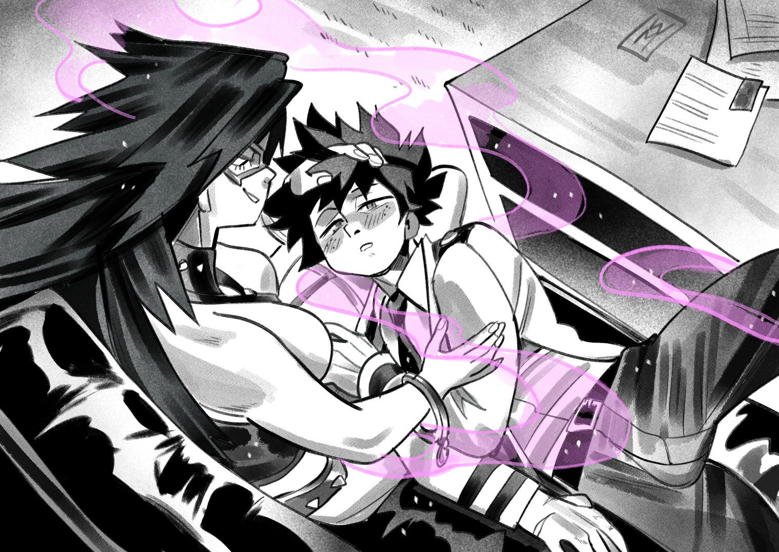1boy, 1girls, ara ara, blush, bodysuit, breasts, bulge, dominatrix, erection, eye mask, female, femdom, greyscale, hand on head, handcuffs, head in lap, hero outfit (mha), hypnosis, izuku midoriya, long hair, lying, male, malesub, mature female, midnight (my hero academia), mind control, my hero academia, nemuri kayama, older female, pheromones, pink gas, quirk (mha), school uniform, sleepy, smirk, super hero, teacher and student, tie, u.a. school uniform, wildmage, younger male