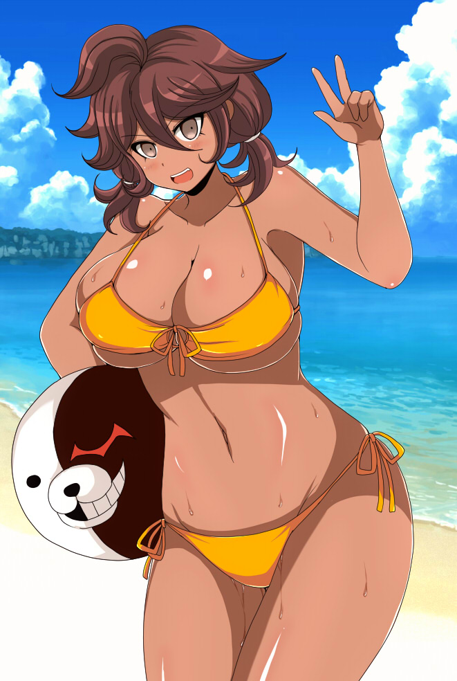 afuro beach beach_ball bikini bikini_bottom bikini_top breasts danganronpa danganronpa_2:_goodbye_despair eyebrows eyebrows_visible_through_hair large_breasts owari_akane smooth_skin super_danganronpa_2 sweat sweaty_breasts tanned tanned_female tanned_skin thin_eyebrows