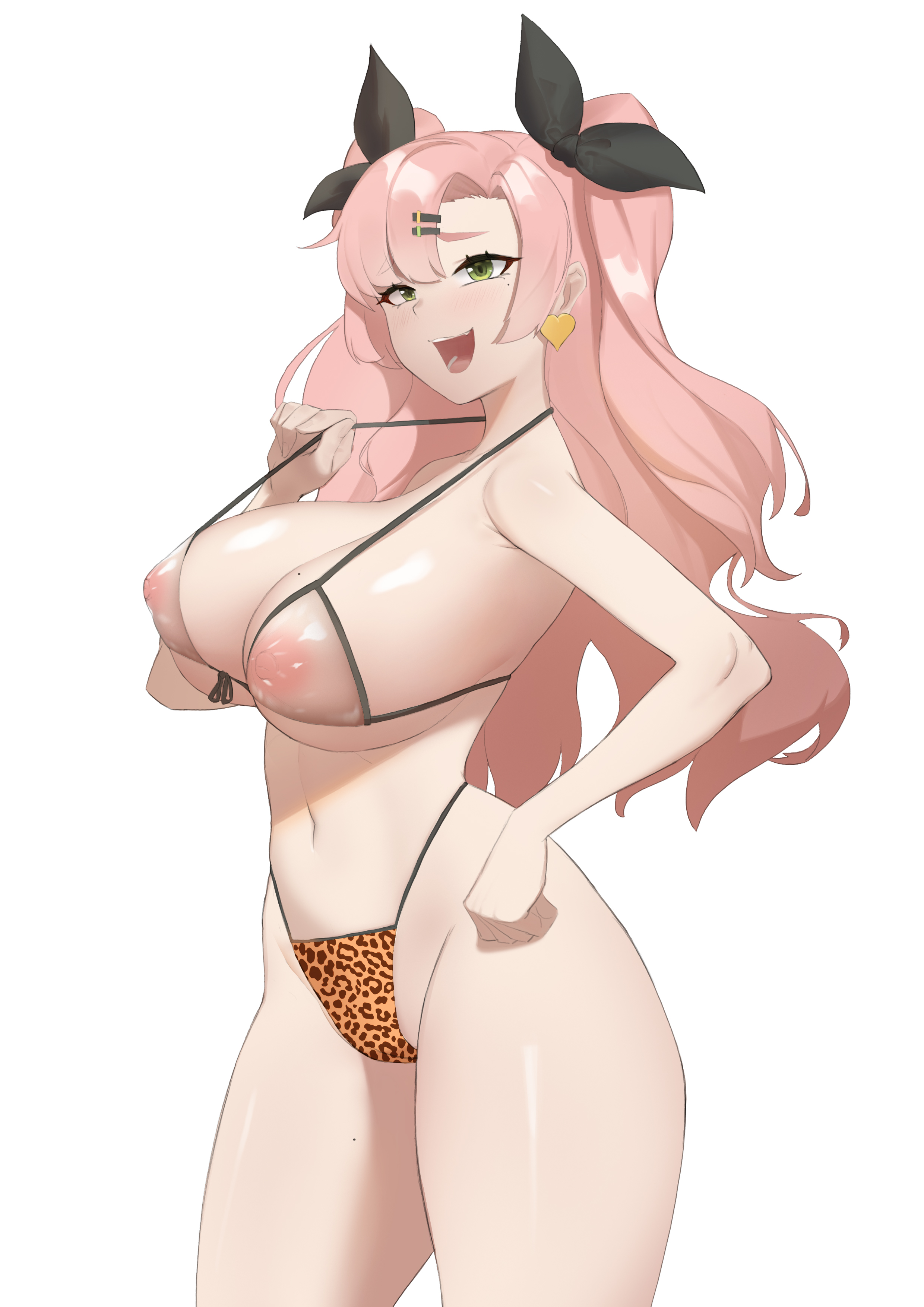 1girls, areolae, beauty mark, big breasts, bikini, bikini bottom, bikini top, black ribbon, breasts, busty, earrings, female, green eyes, hair clips, hair ornament, hair ribbon, hair ribbons, hairclip, kitaim, leopard print, leopard print bikini, mole, mole on breast, mole on thigh, mole under eye, nicole demara, nipples, open mouth, pink hair, ribbon, ribbons, see-through, see-through bra, see-through clothing, smile, thick thighs, zenless zone zero