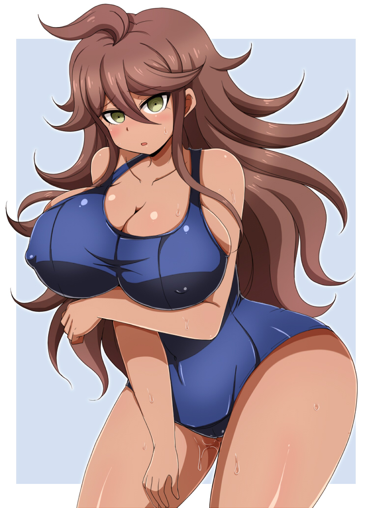 afuro, alternate version available, blush, breasts, cleavage, danganronpa, danganronpa 2: goodbye despair, embarrassed, female, large breasts, nipple bulge, one-piece swimsuit, owari akane, pussy, smooth skin, super danganronpa 2, swimsuit, tanned, tanned female, tanned skin, thick thighs, thighs, wet pussy