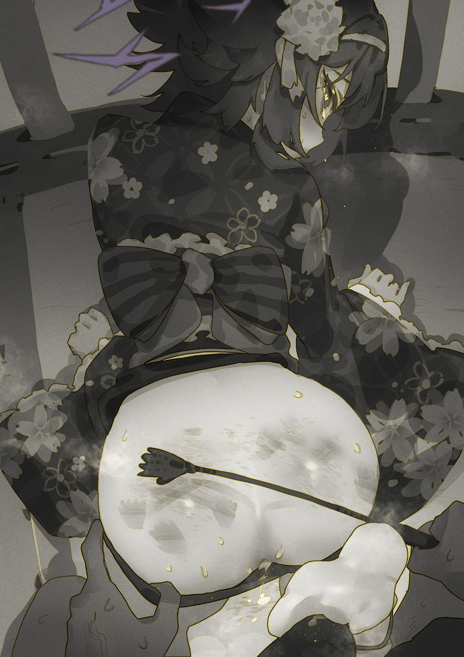 1girls, ass, blue archive, blush, bruise, clothed, clothed female, clothing, creampie, cum, cum in pussy, cum inside, dripping, dripping cum, female, from behind, from behind position, gsusart, haruka (blue archive), haruka (new year) (blue archive), heart-shaped pupils, indoor, indoors, kimono, looking at viewer, looking back, masochism, monochrome, on all fours, panties, pov, pussy, short hair, sweat, whip marks