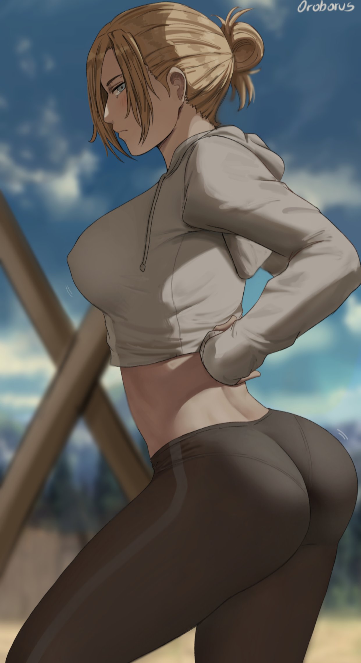 1girls annie_leonhardt ass attack_on_titan big_ass blonde_hair blue_eyes breasts butt eye_contact female female_focus female_only leggings looking_at_viewer nipple_bulge no_bra oroborusart panties_outline pantylines savagexthicc shingeki_no_kyojin sideboob solo solo_female standing thick_thighs thighs tight_clothing