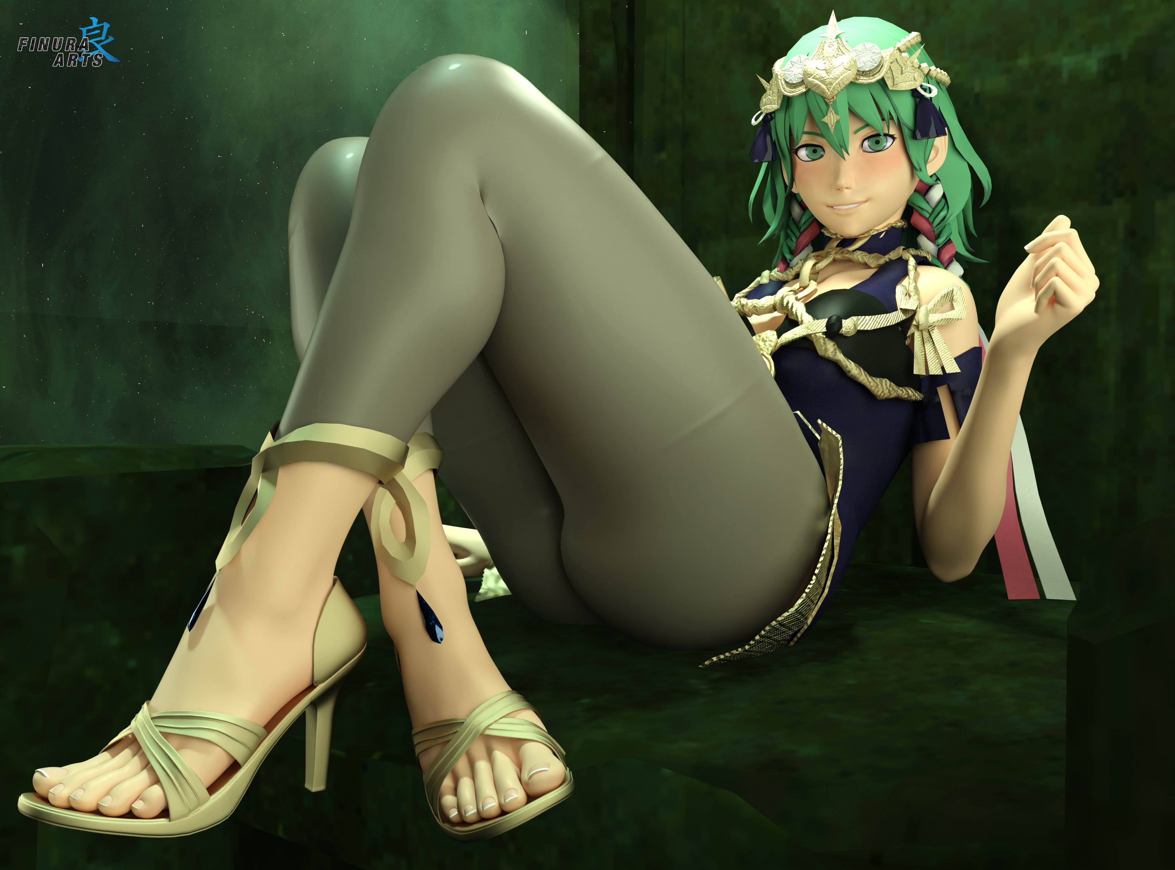 3d, byleth (fire emblem), byleth (fire emblem) (female), crossed legs, enlightened byleth (female), feet, female, finura arts, fire emblem, fire emblem: three houses, foot fetish, foot focus, green eyes, green hair, heels, heels fetish, heels focus, high heels, highres, looking at viewer, nintendo, open toe shoes, presenting, presenting feet, sitting, sothis (fire emblem) (cosplay), thighs, toenails, toes